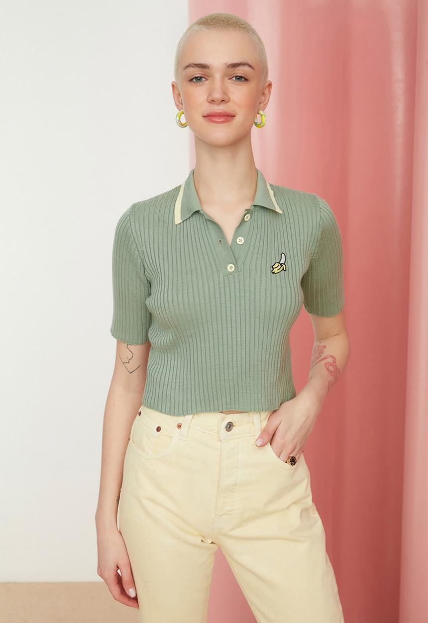 Trendyol - Embroidered polo knit top - mint