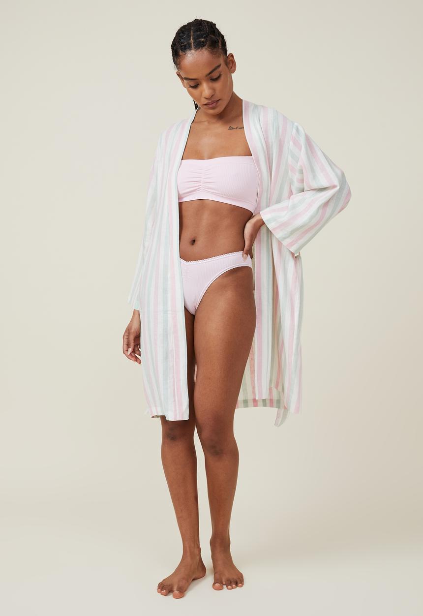 Cotton On - Linen blend sleep robe - pink green stripe