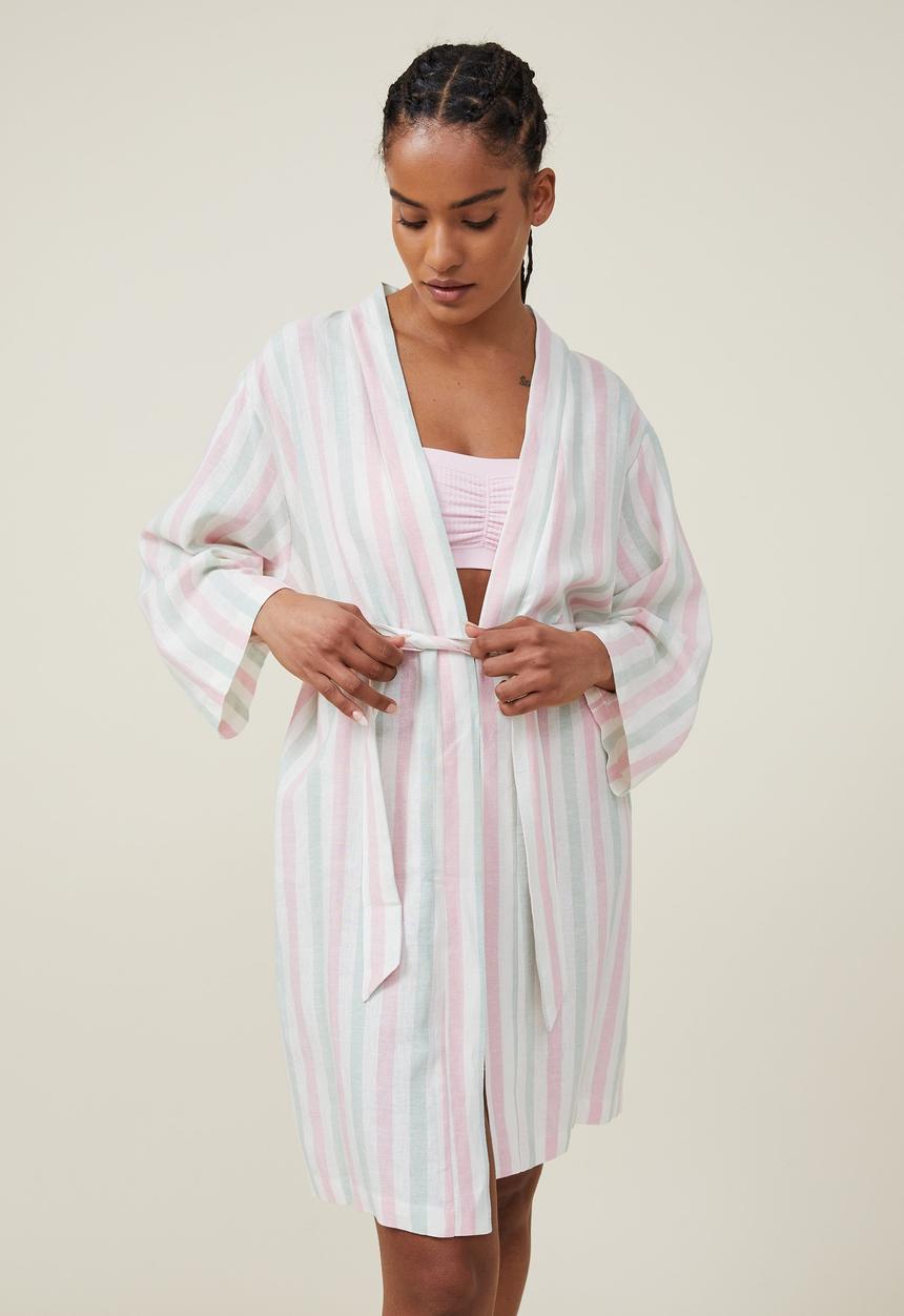 Cotton On - Linen blend sleep robe - pink green stripe