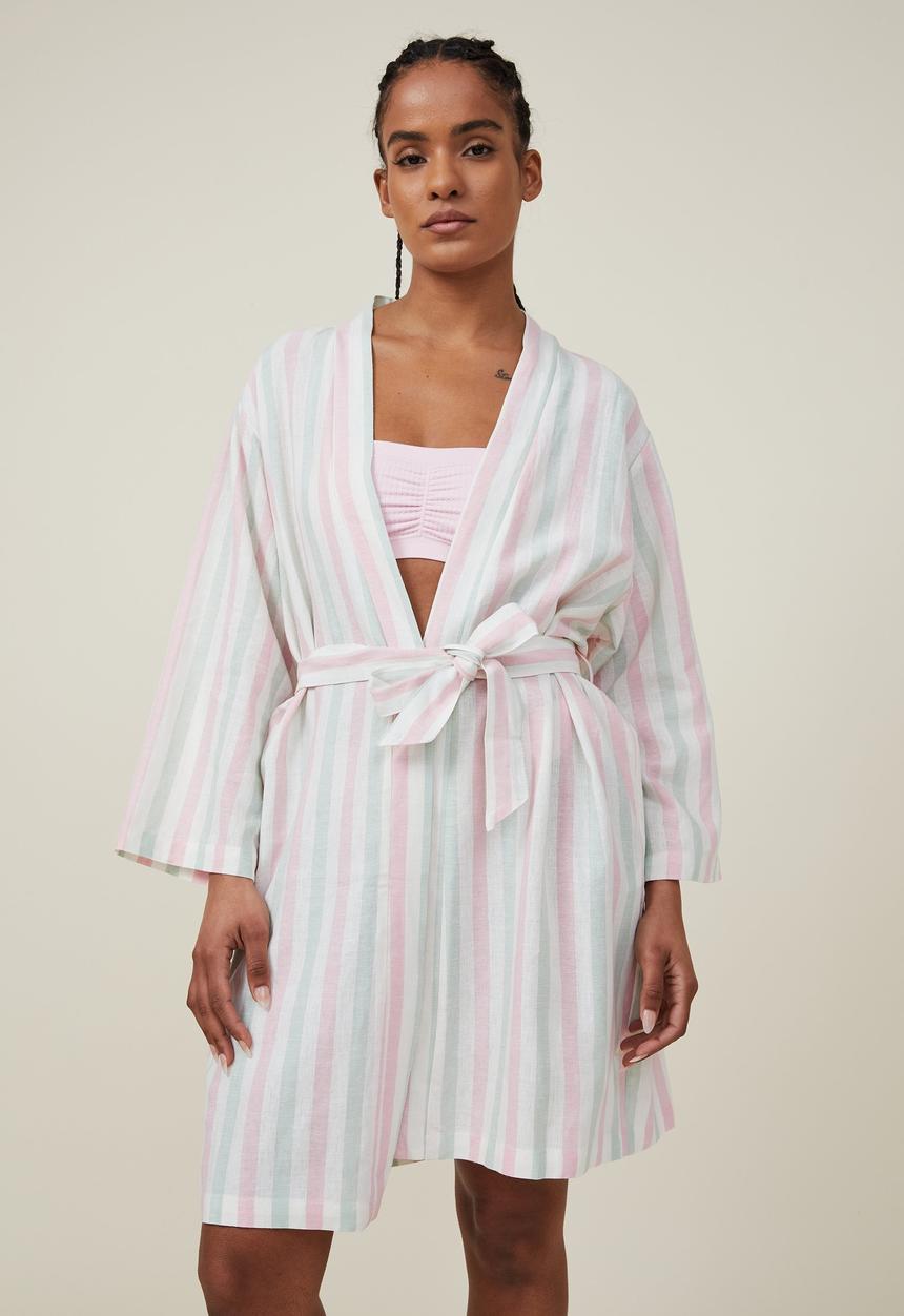Cotton On - Linen blend sleep robe - pink green stripe