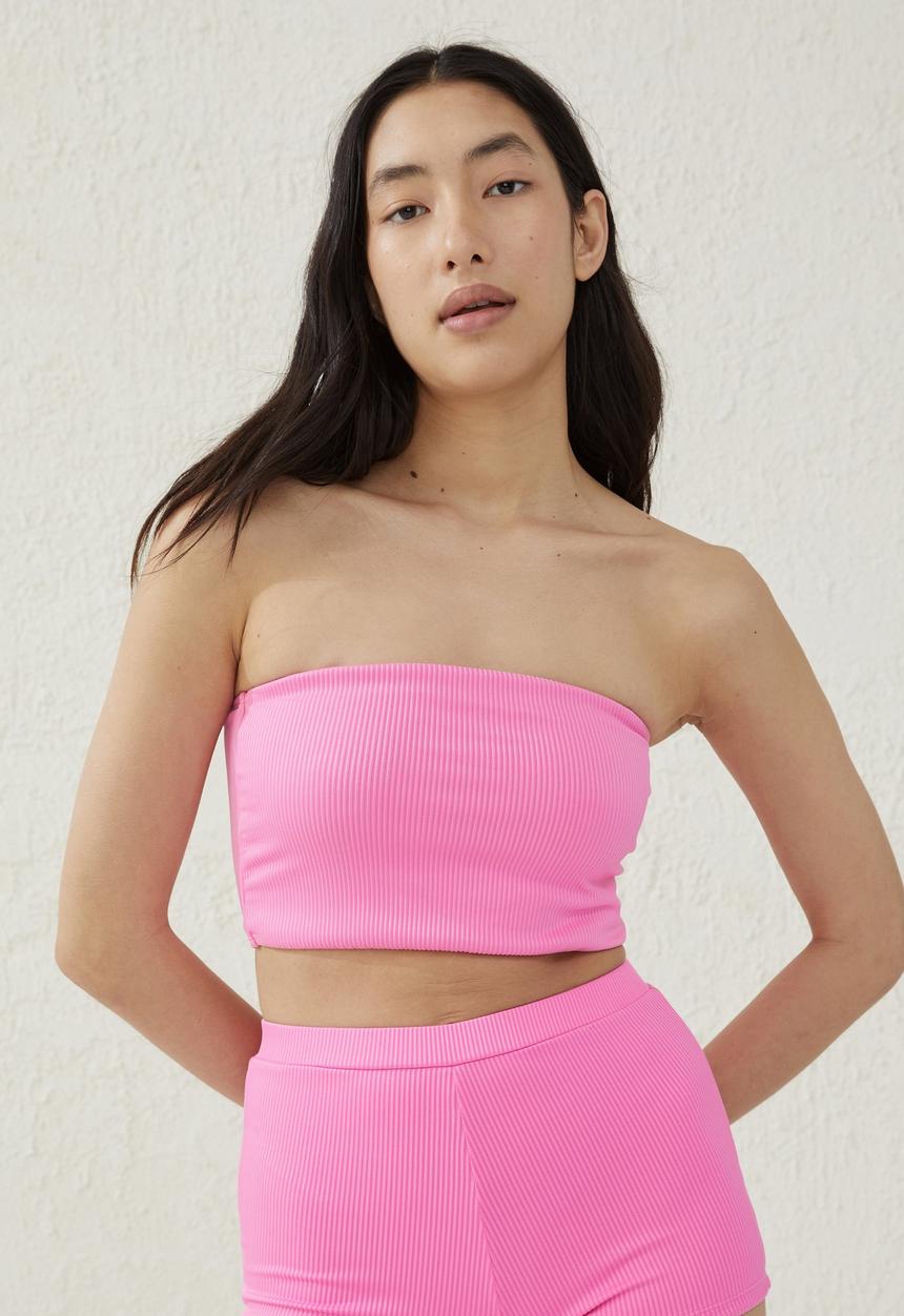 Cotton On - Longline bandeau bikini top - cherry pink rib