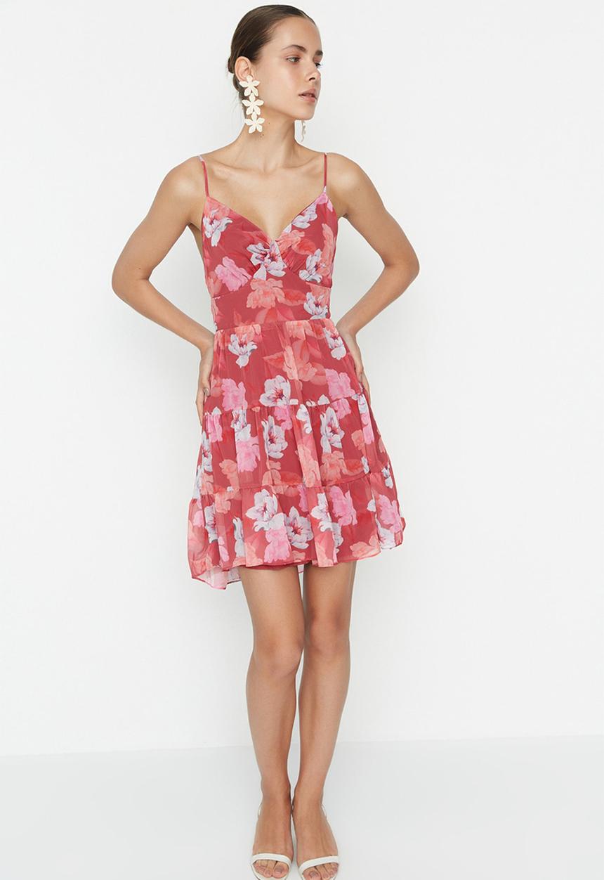Trendyol - Floral back detail dress - burgundy