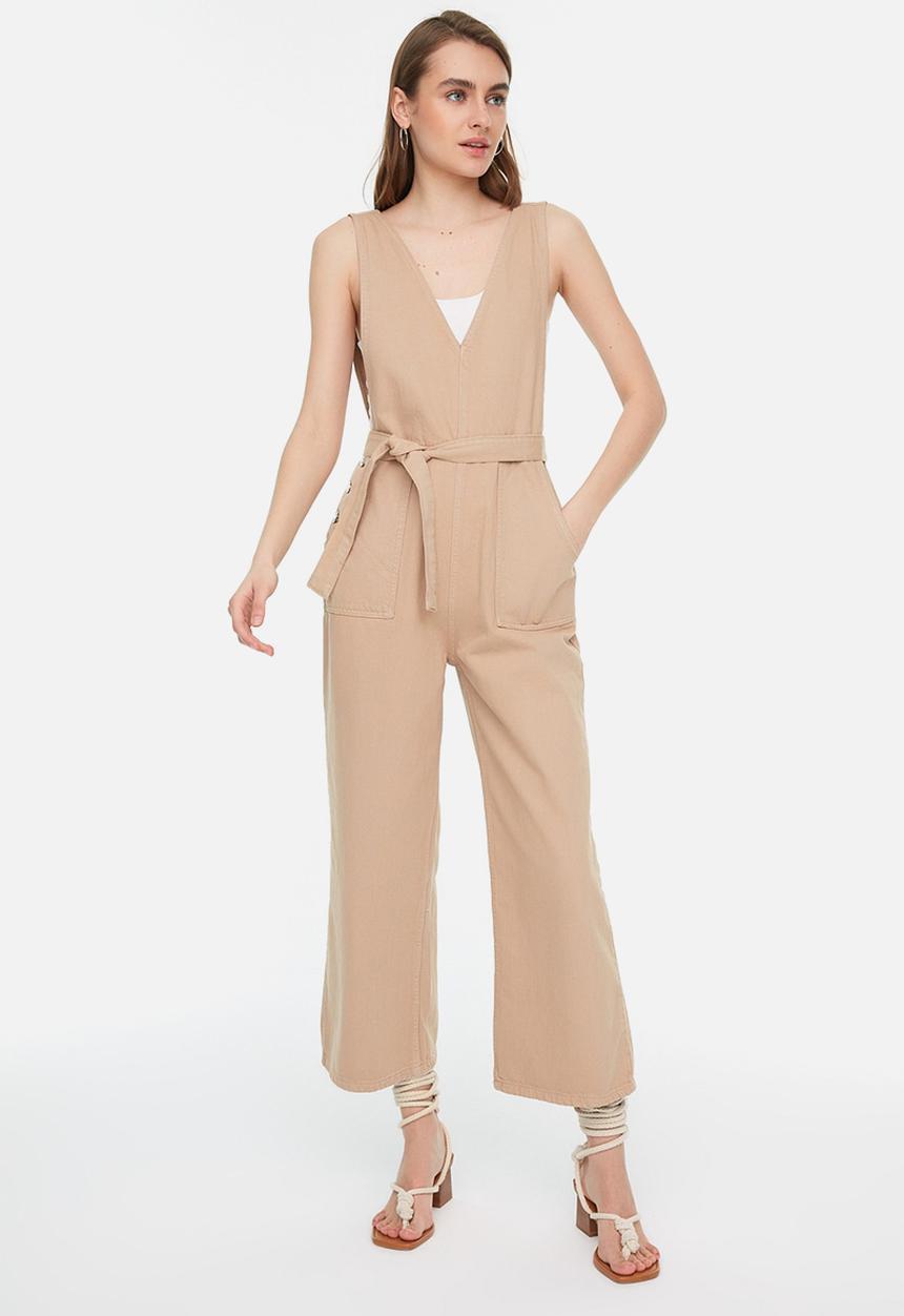 Trendyol - Belted denim jumpsuit - taupe