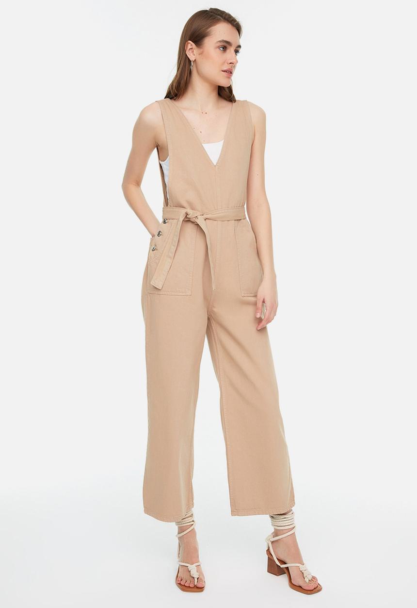 Trendyol - Belted denim jumpsuit - taupe