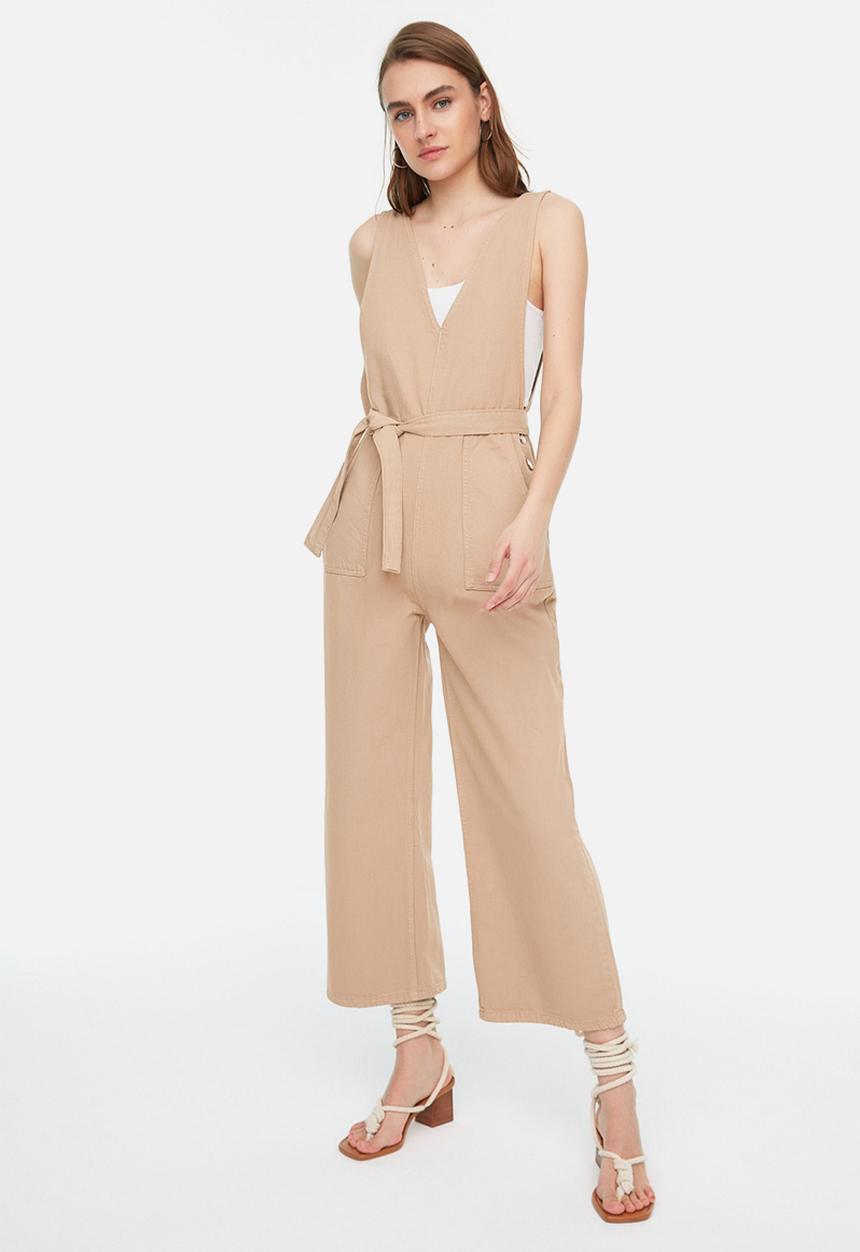 Trendyol - Belted denim jumpsuit - taupe