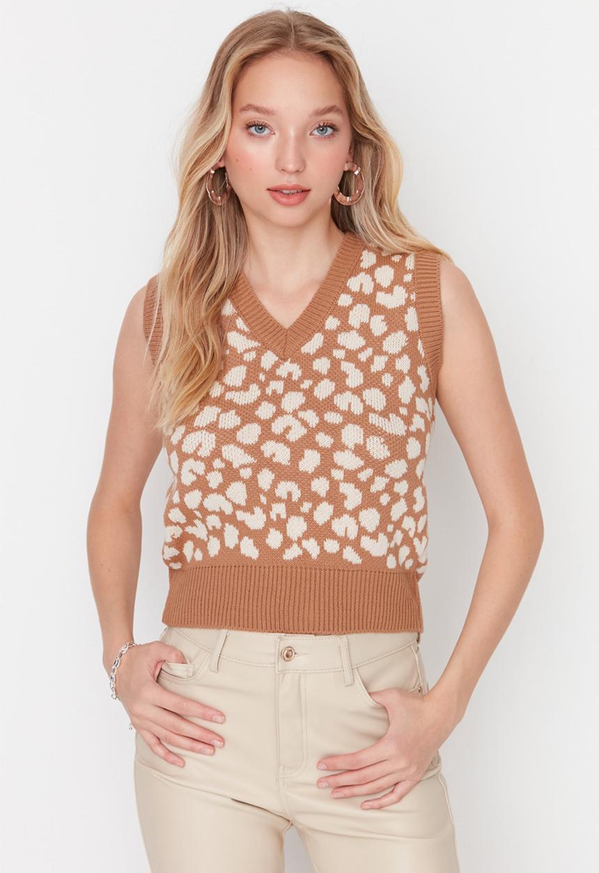 Trendyol - Jacquard knit sweater vest - camel