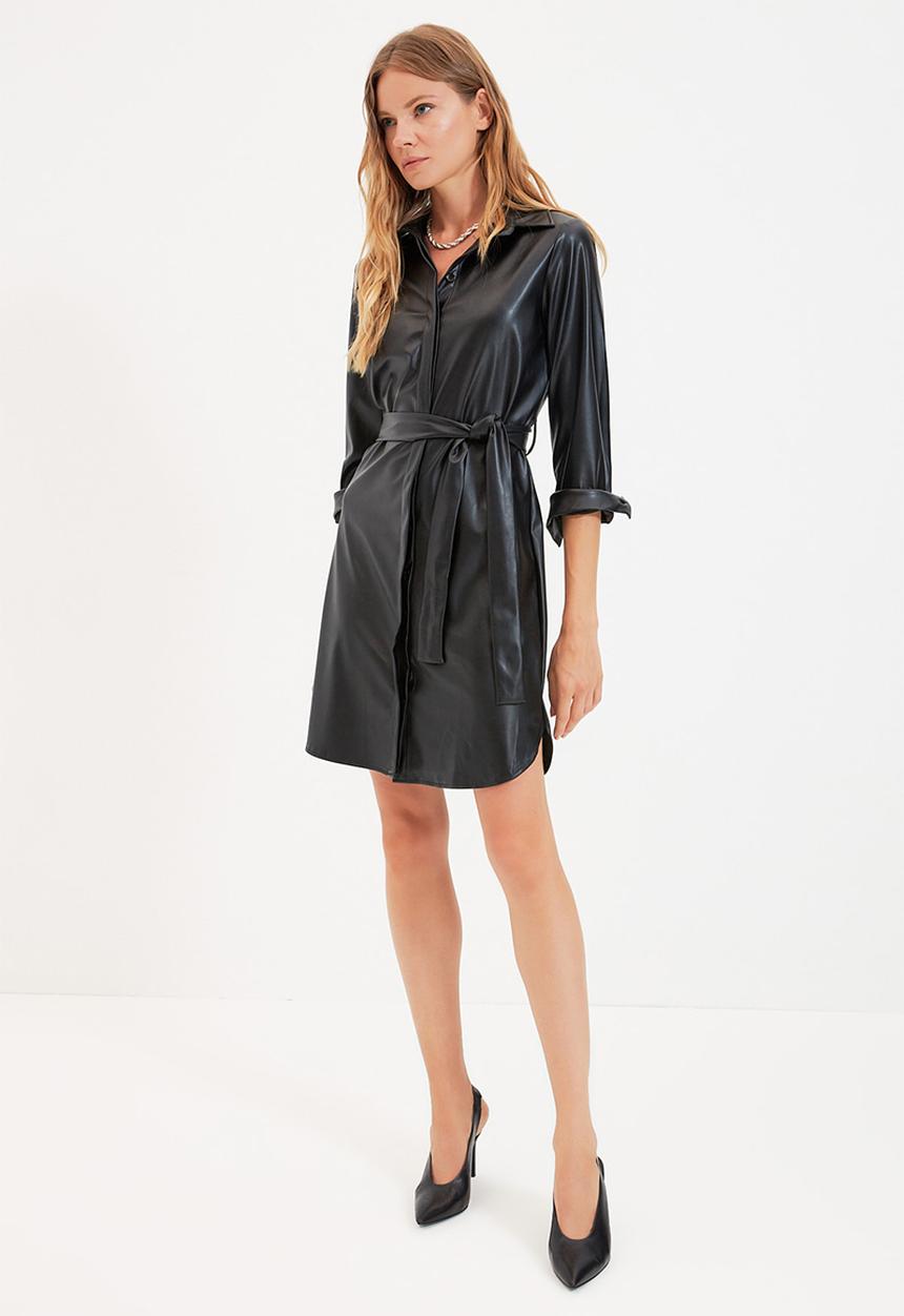 Trendyol - Faux leather belted shirt dress - black