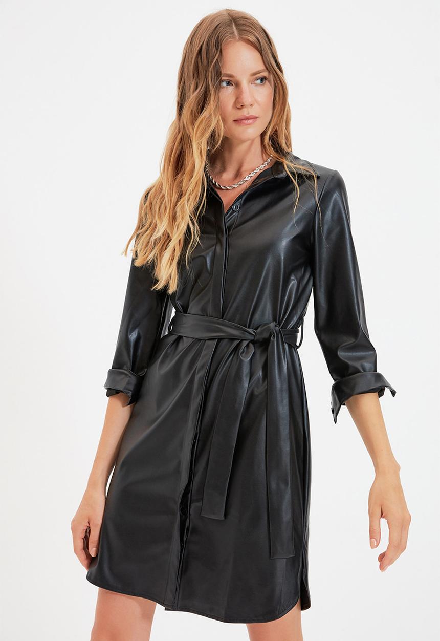 Trendyol - Faux leather belted shirt dress - black