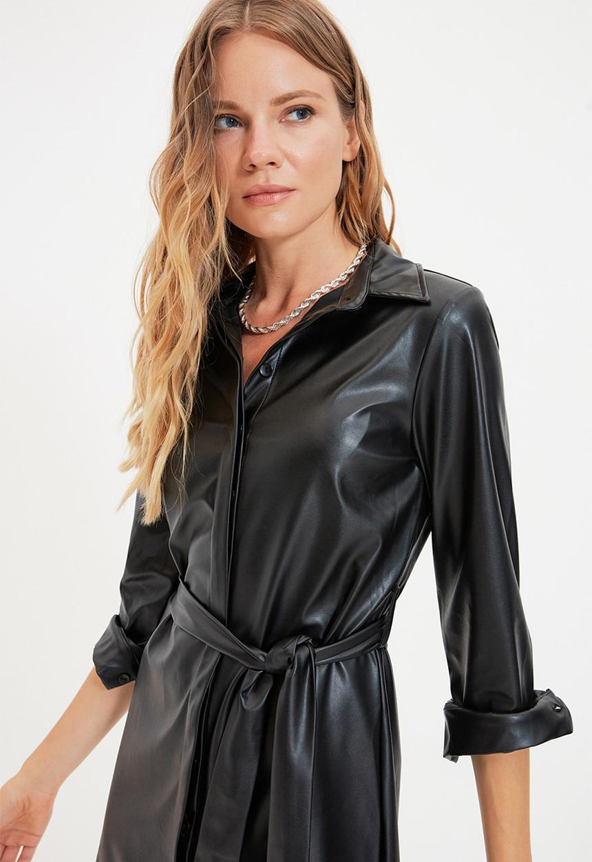 Trendyol - Faux leather belted shirt dress - black