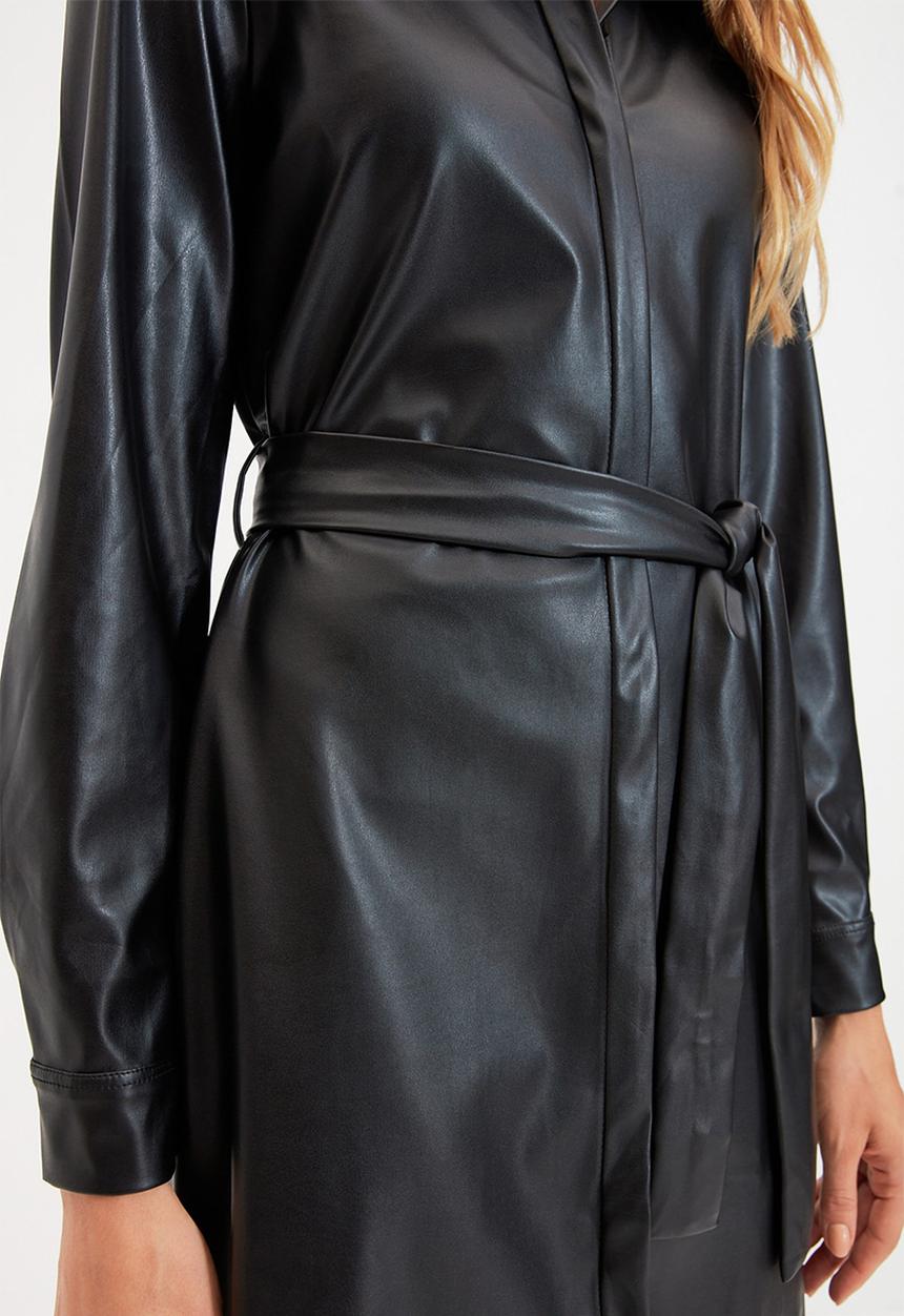 Trendyol - Faux leather belted shirt dress - black