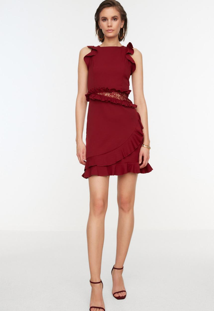 Trendyol - Lace detail ruffle dress - burgundy