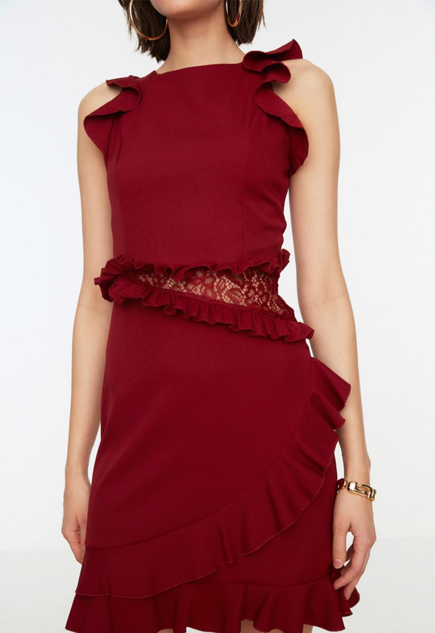 Trendyol - Lace detail ruffle dress - burgundy
