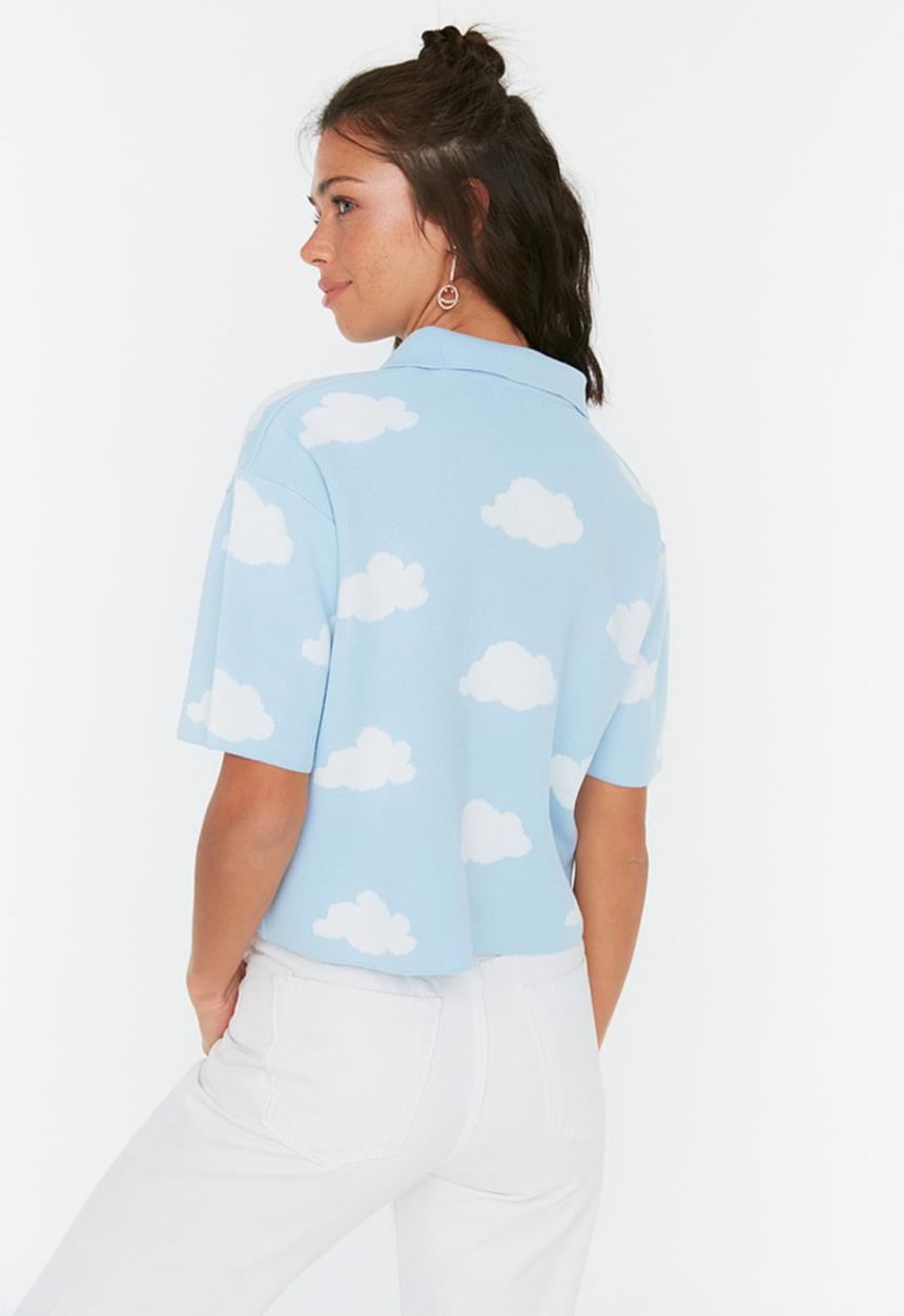 Trendyol - Cloud print polo knit top - clear blue