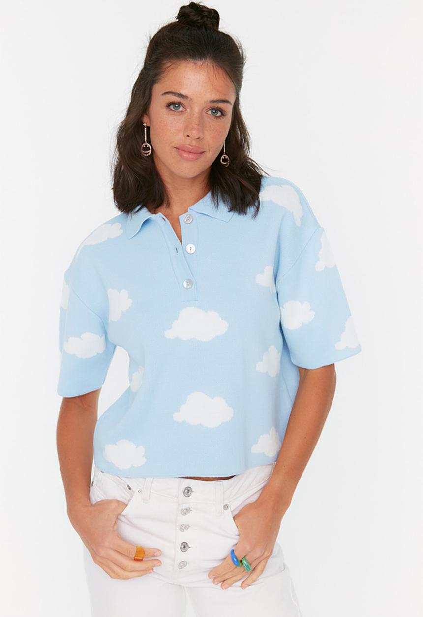 Trendyol - Cloud print polo knit top - clear blue