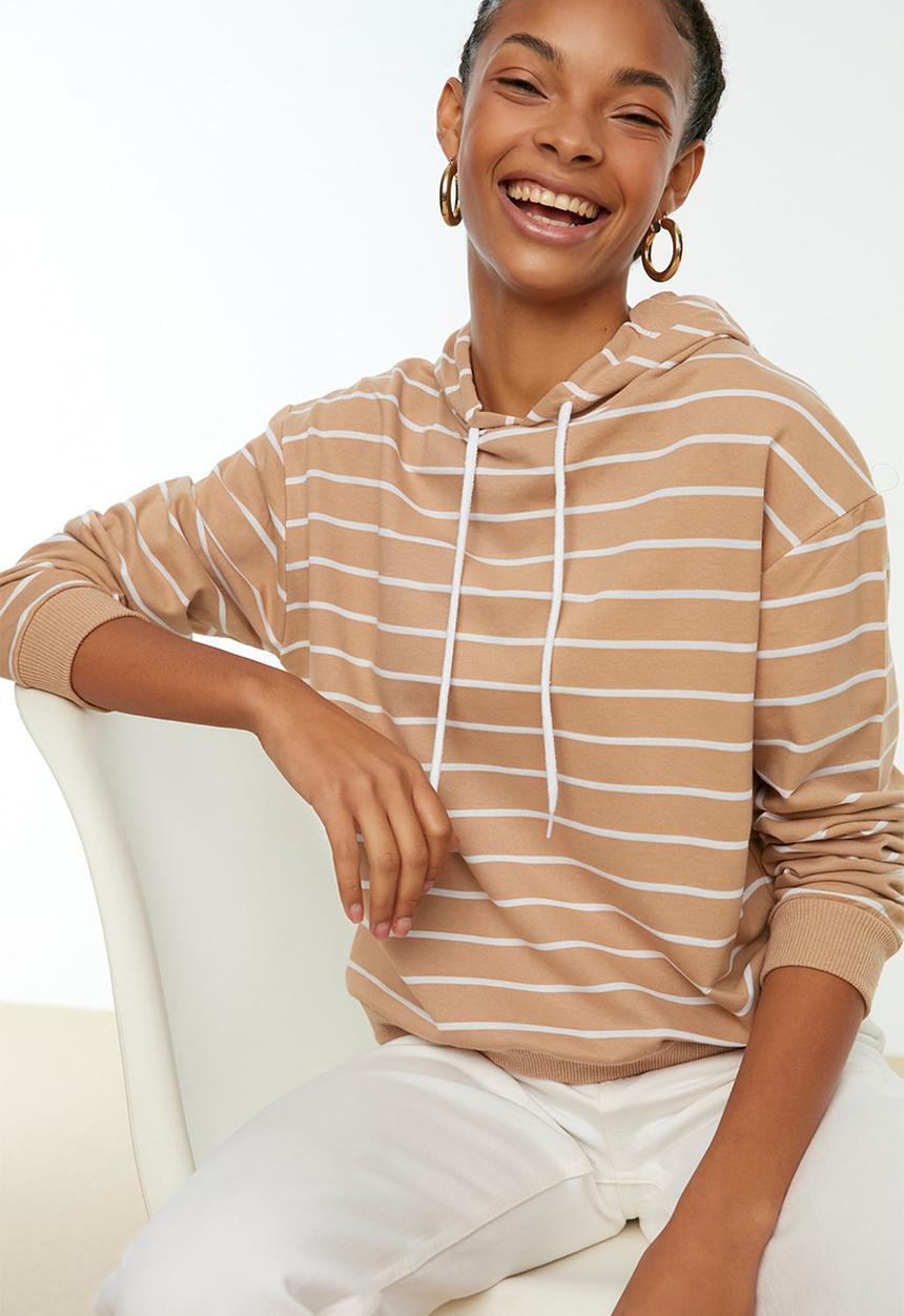 Trendyol - Striped basic hooded thin sweater - camel
