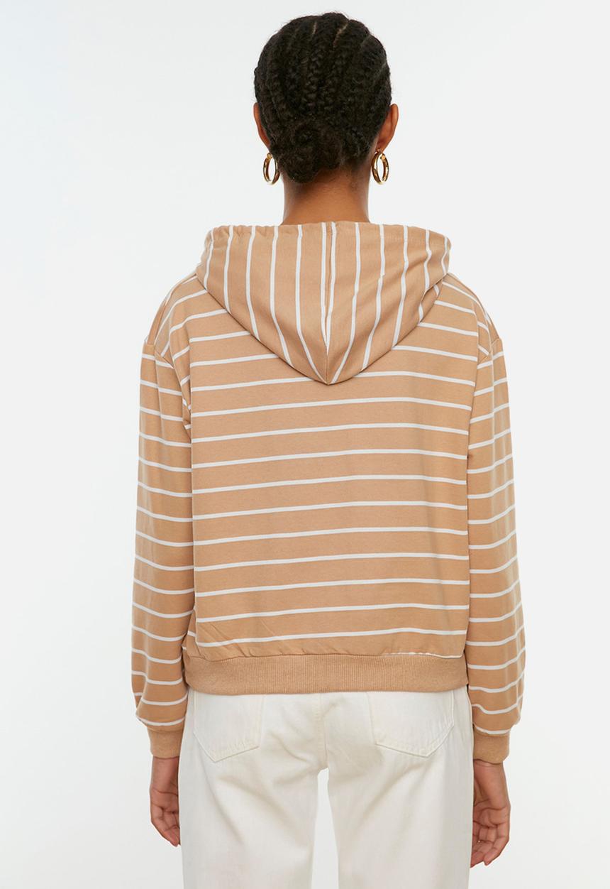 Trendyol - Striped basic hooded thin sweater - camel