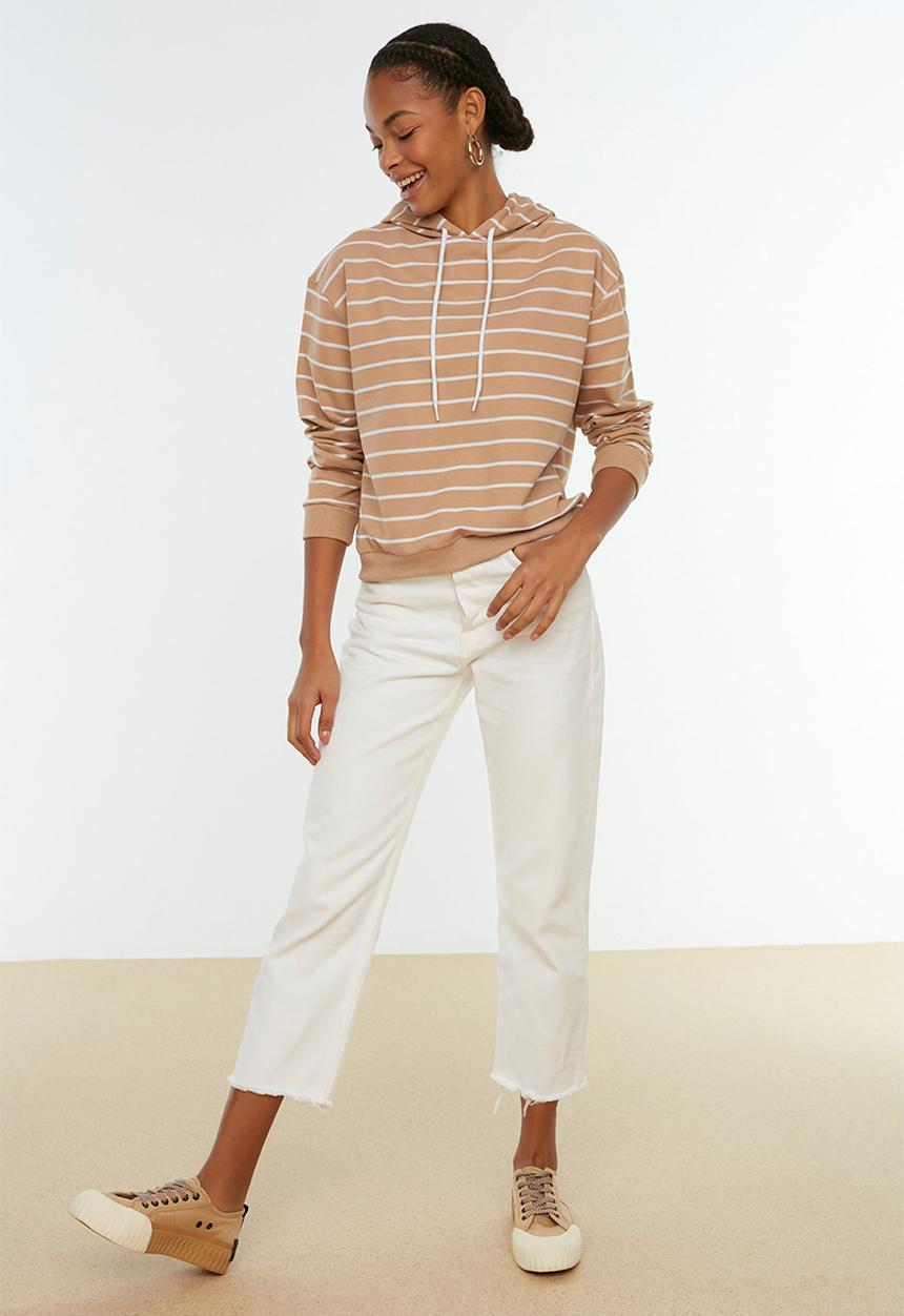 Trendyol - Striped basic hooded thin sweater - camel