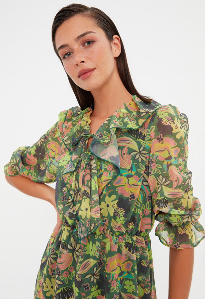 Trendyol - Floral ruffle detail dress - green