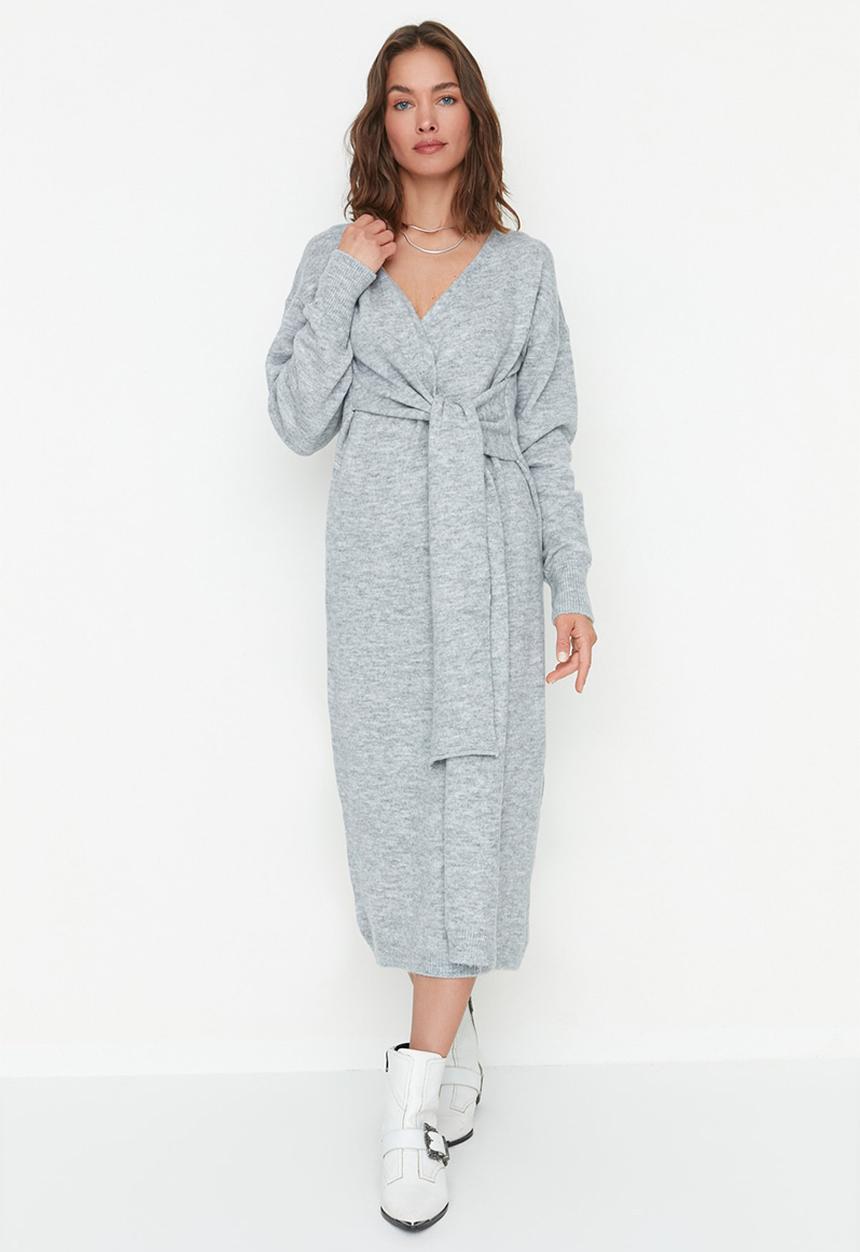 Trendyol - Wrap maxi knit dress - grey