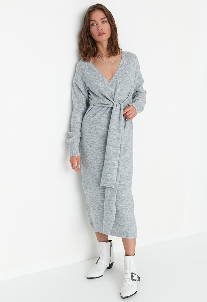 Trendyol - Wrap maxi knit dress - grey