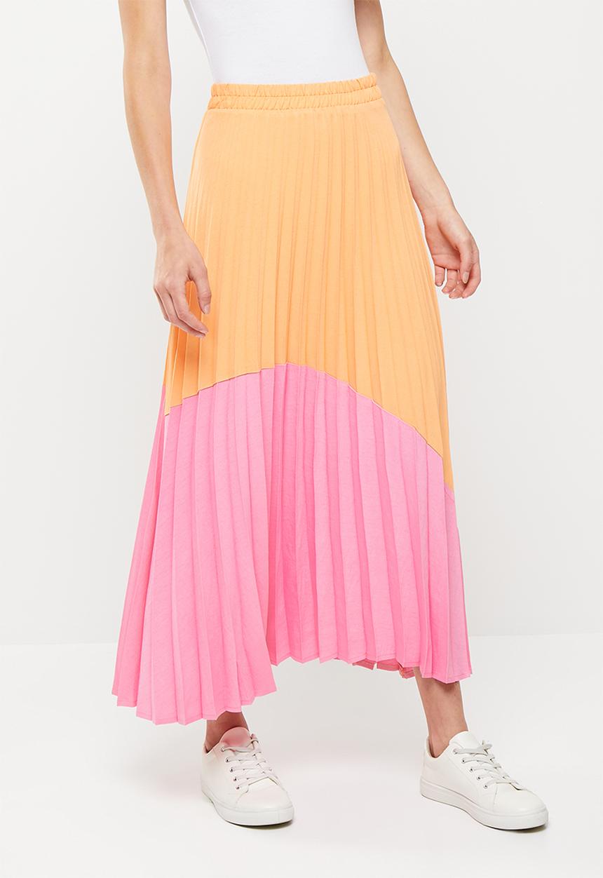 Me&B - Colour block sunray pleated skirt - pink & orange 