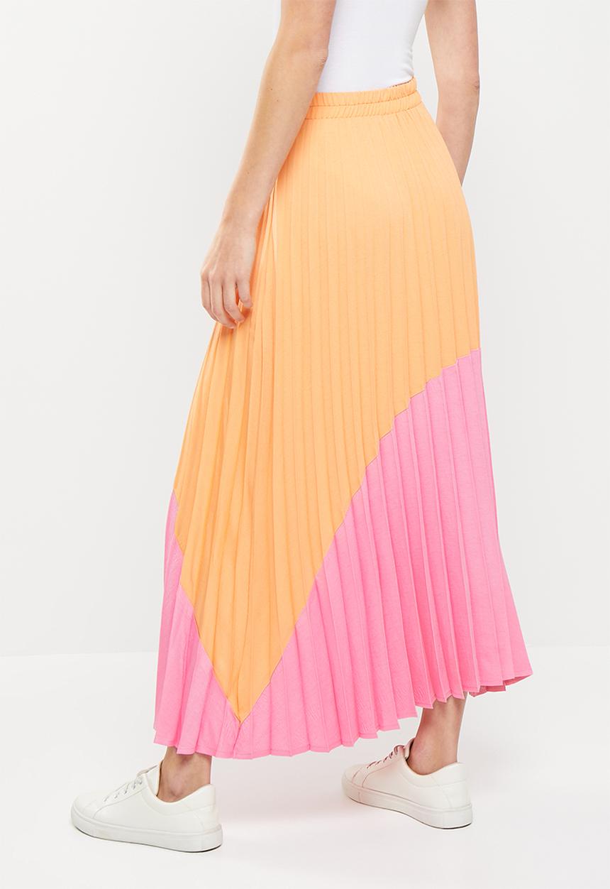 Me&B - Colour block sunray pleated skirt - pink & orange 