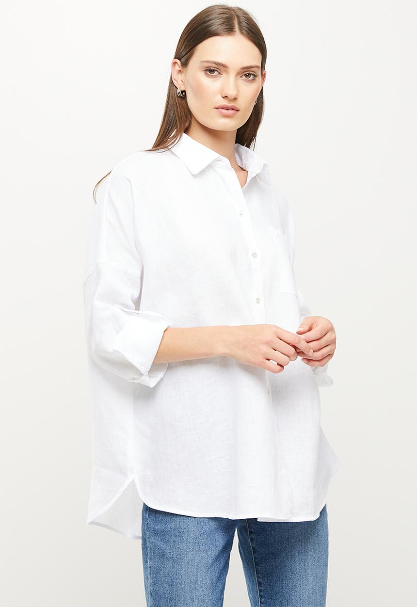 POLO - Maisie long sleeve linen shirt - white