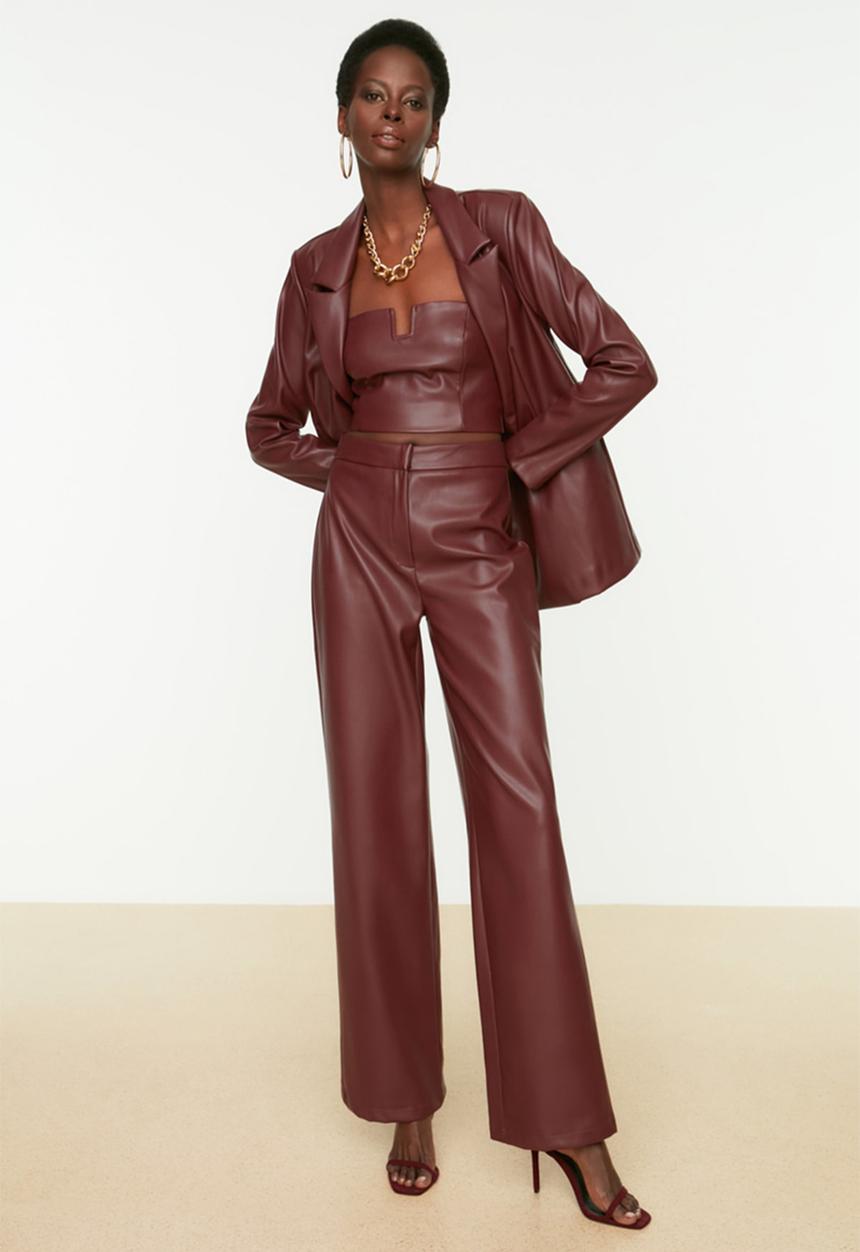 Trendyol - Faux leather pants - burgundy
