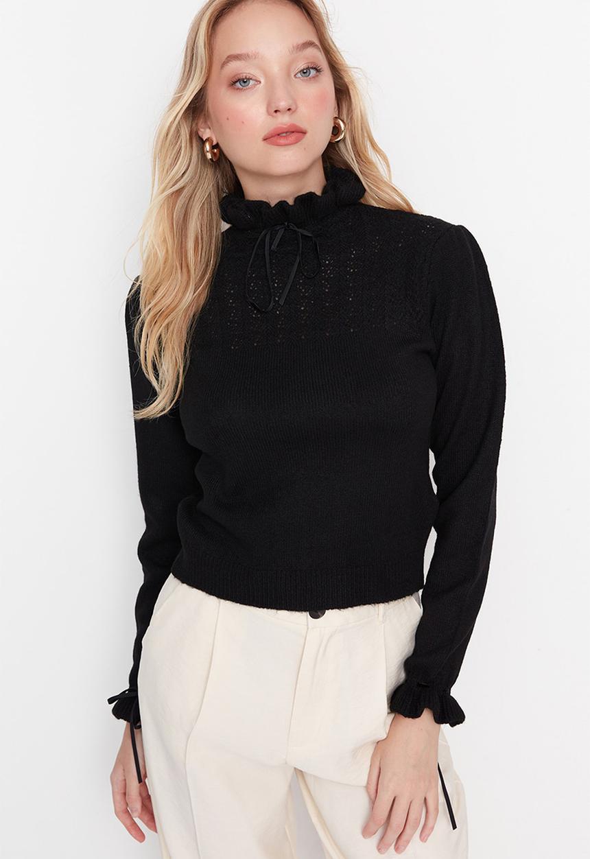 Trendyol - Tie detail frill hem knit sweater - black