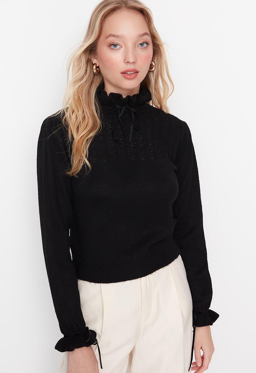 Trendyol - Tie detail frill hem knit sweater - black