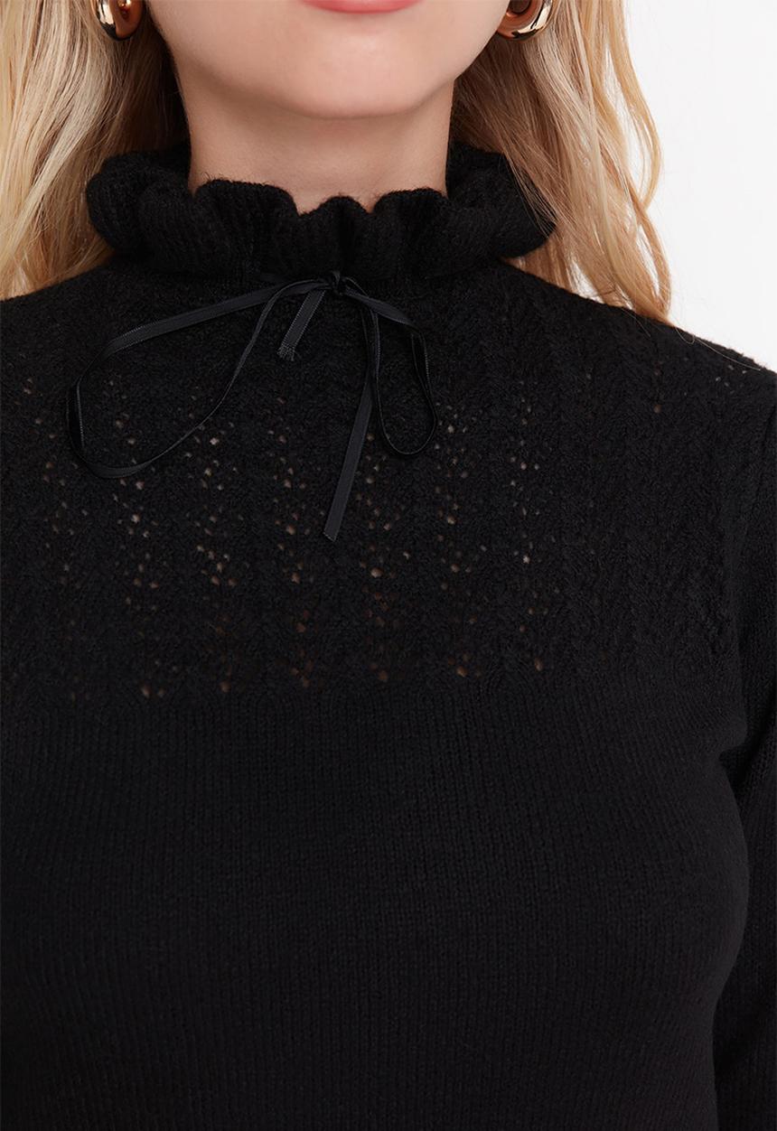 Trendyol - Tie detail frill hem knit sweater - black