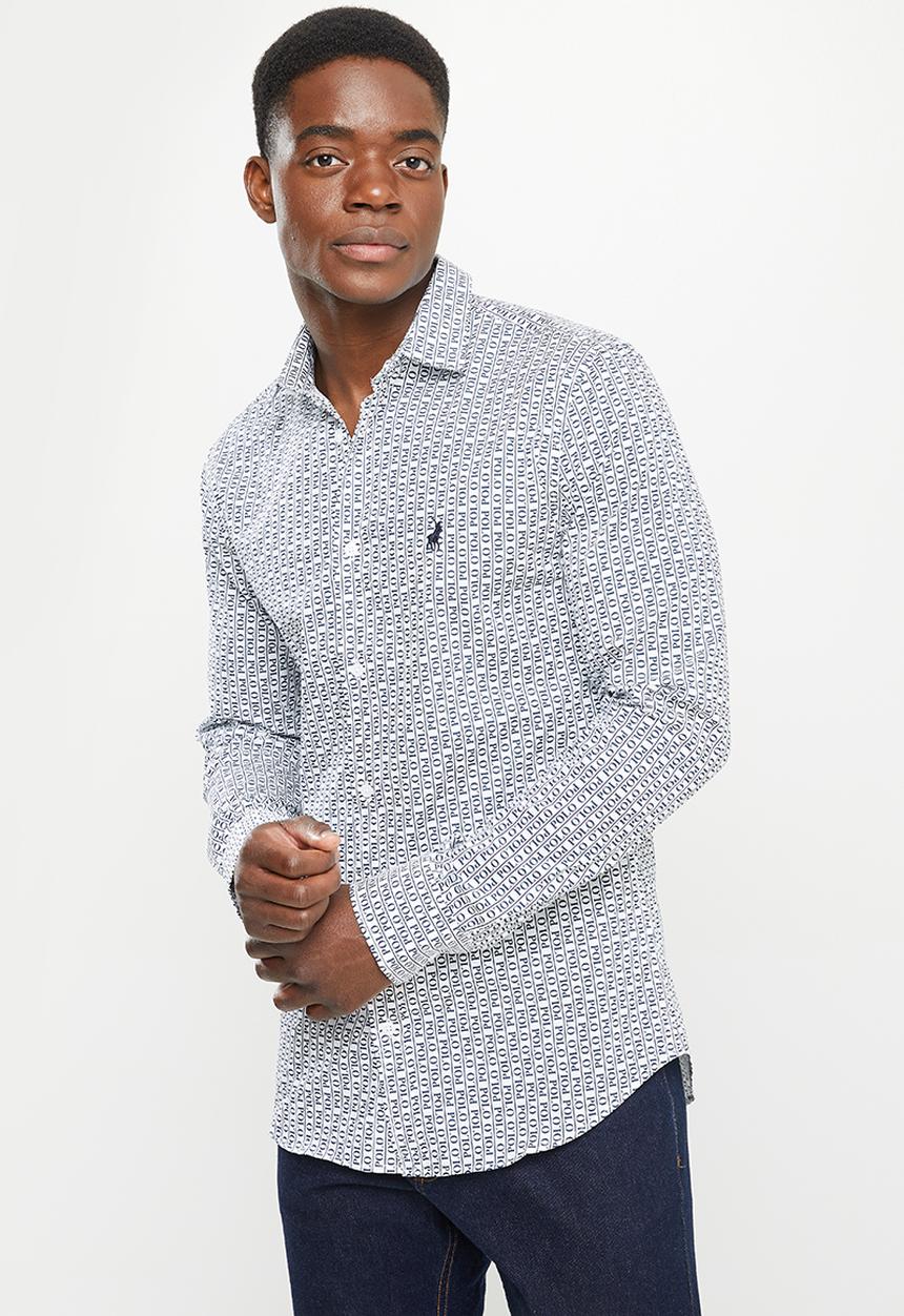 POLO - Men polo print long sleeve shirt - white & navy