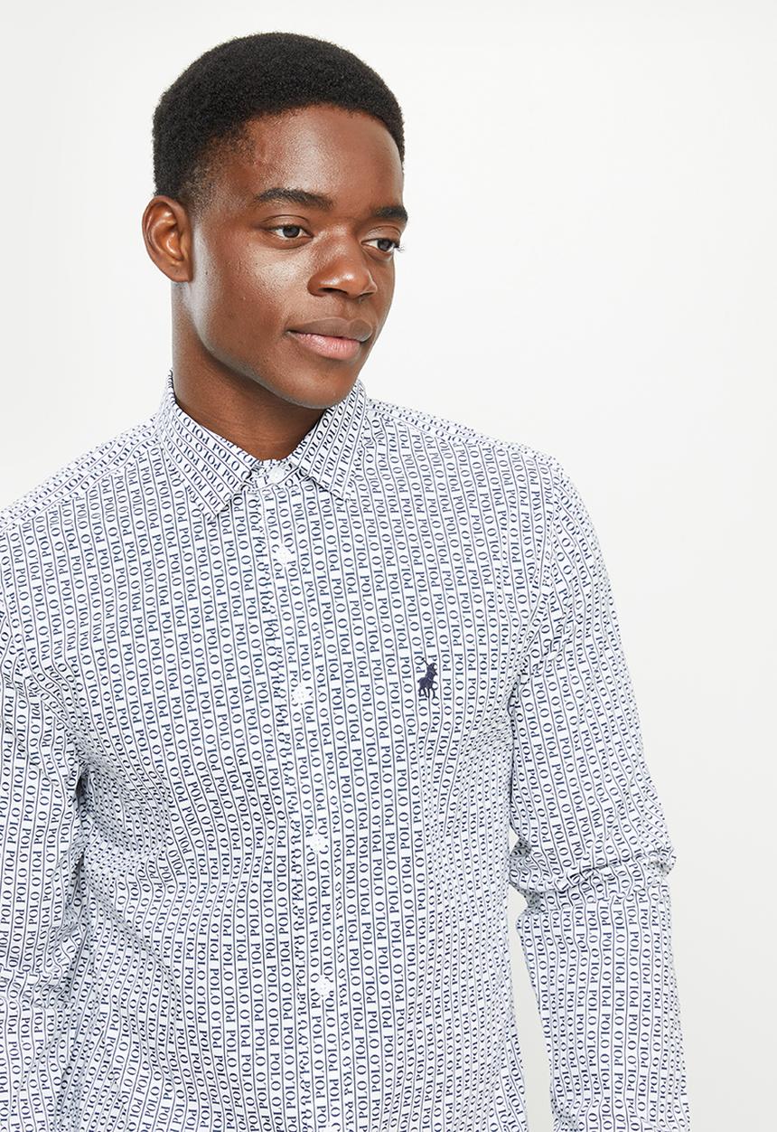 POLO - Men polo print long sleeve shirt - white & navy