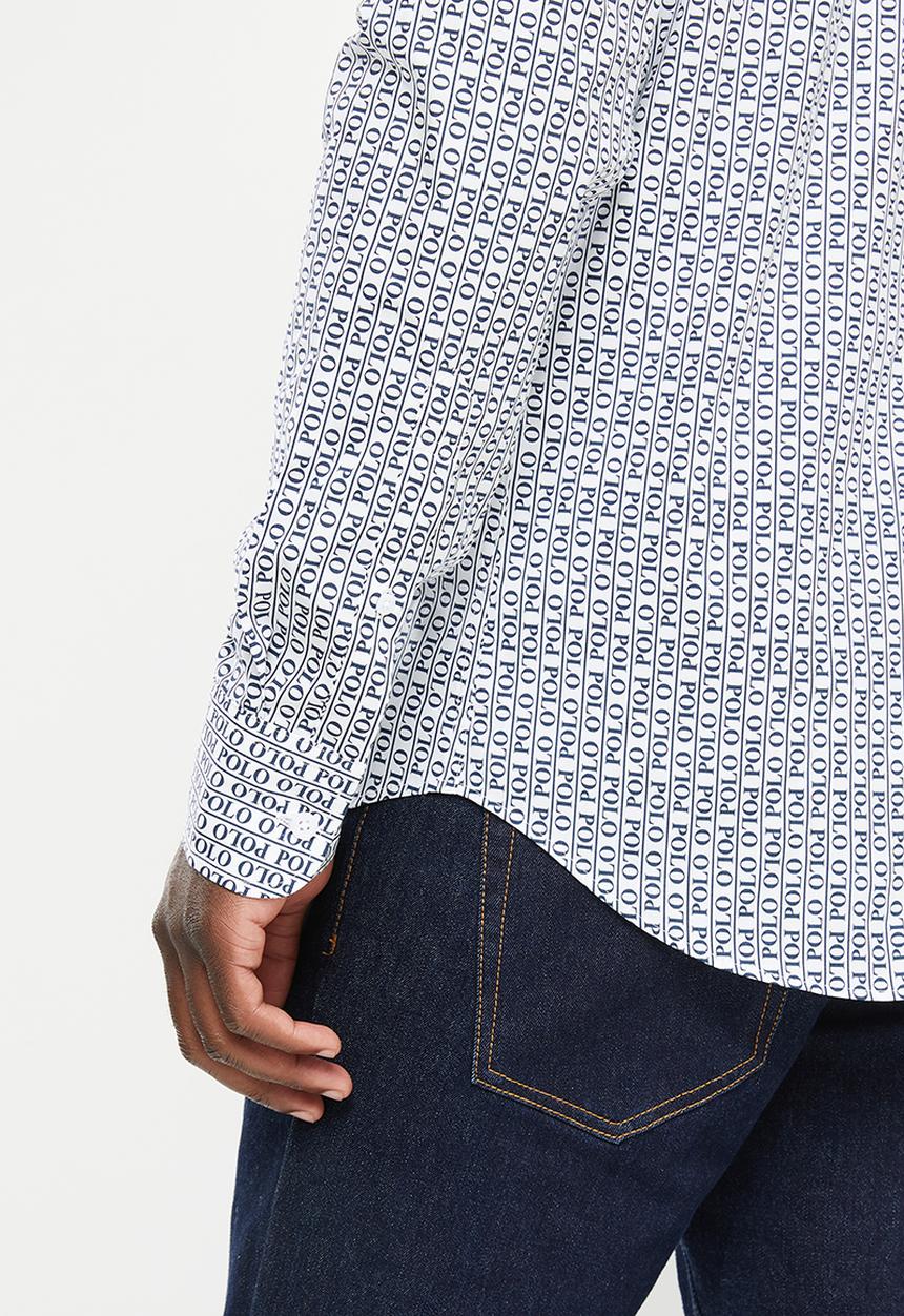 POLO - Men polo print long sleeve shirt - white & navy
