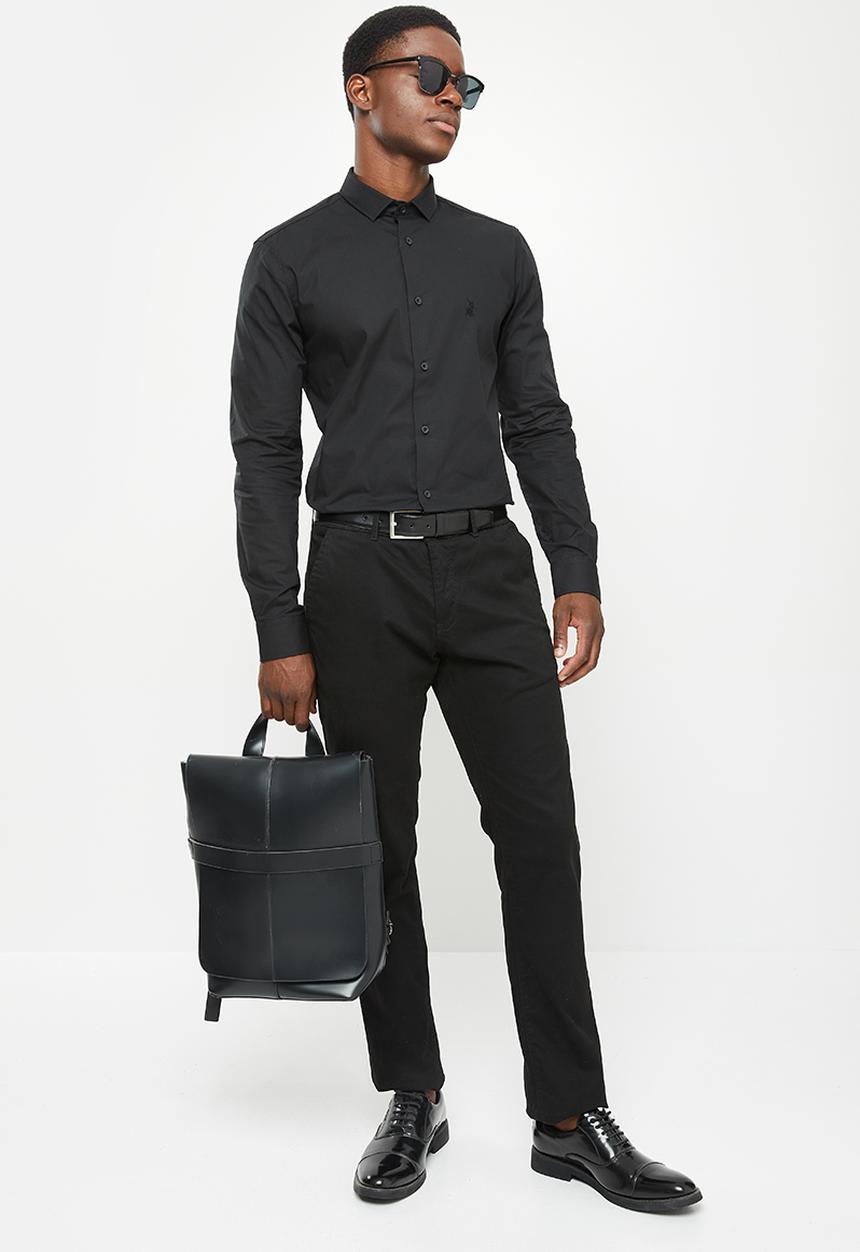 POLO - Men slim fit plain long sleeve shirt - black