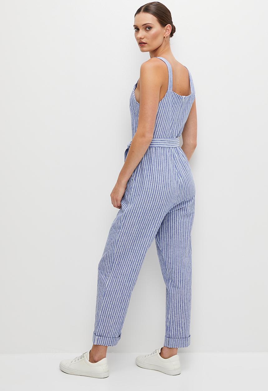 edit - Cotton square neck jumpsuit - natural stripe