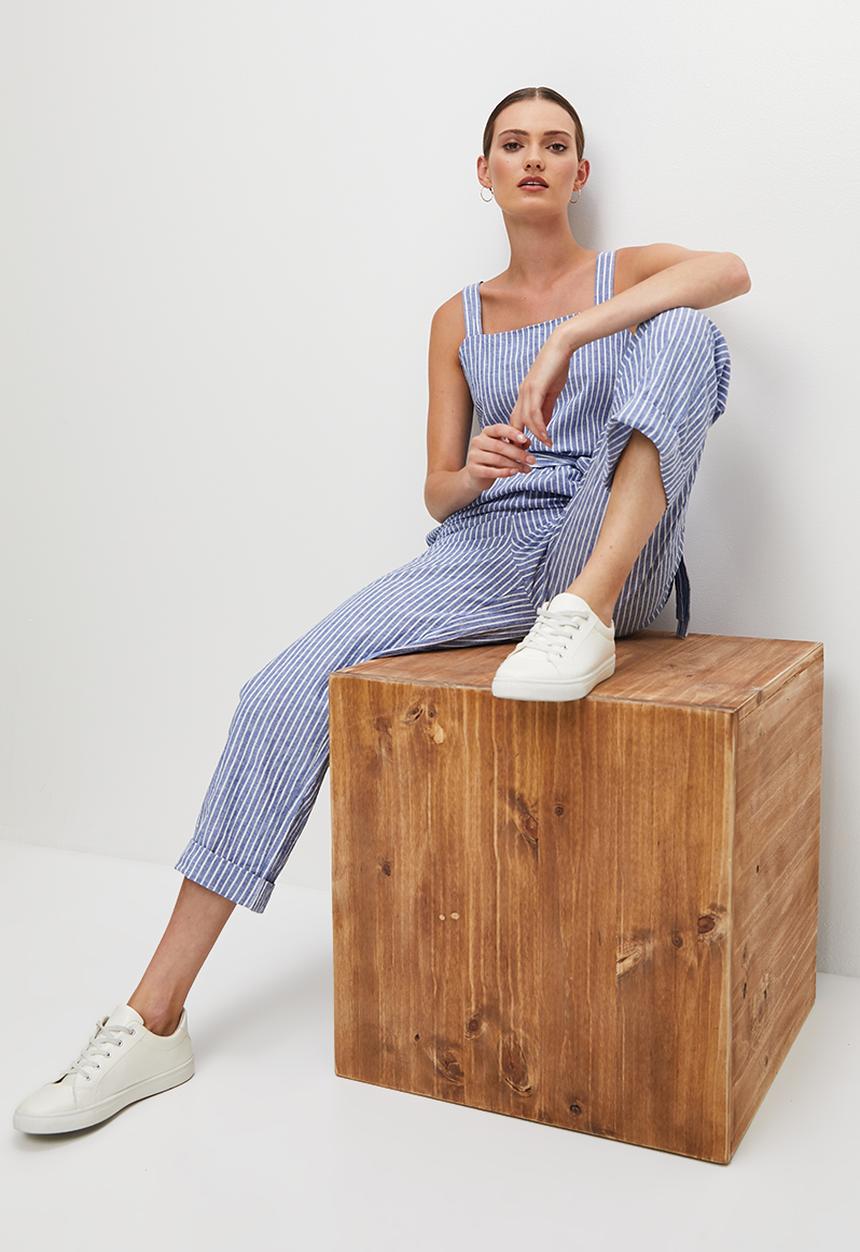 edit - Cotton square neck jumpsuit - natural stripe