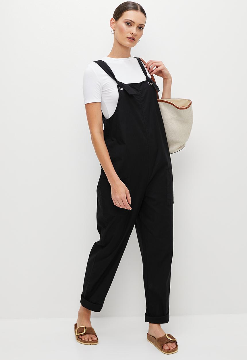 edit - Linen loose fit dungaree - black
