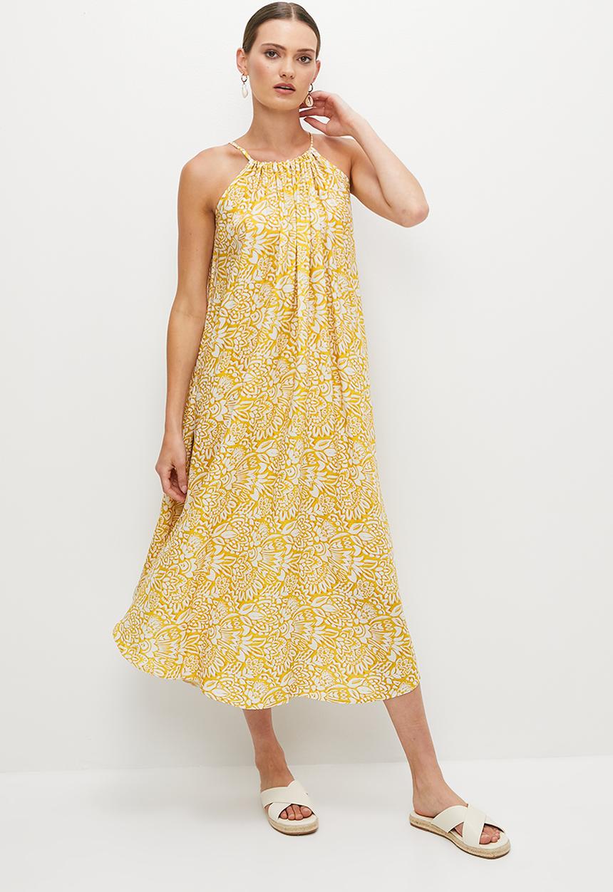 edit - Halter swing hem midi dress - yellow mono oriental