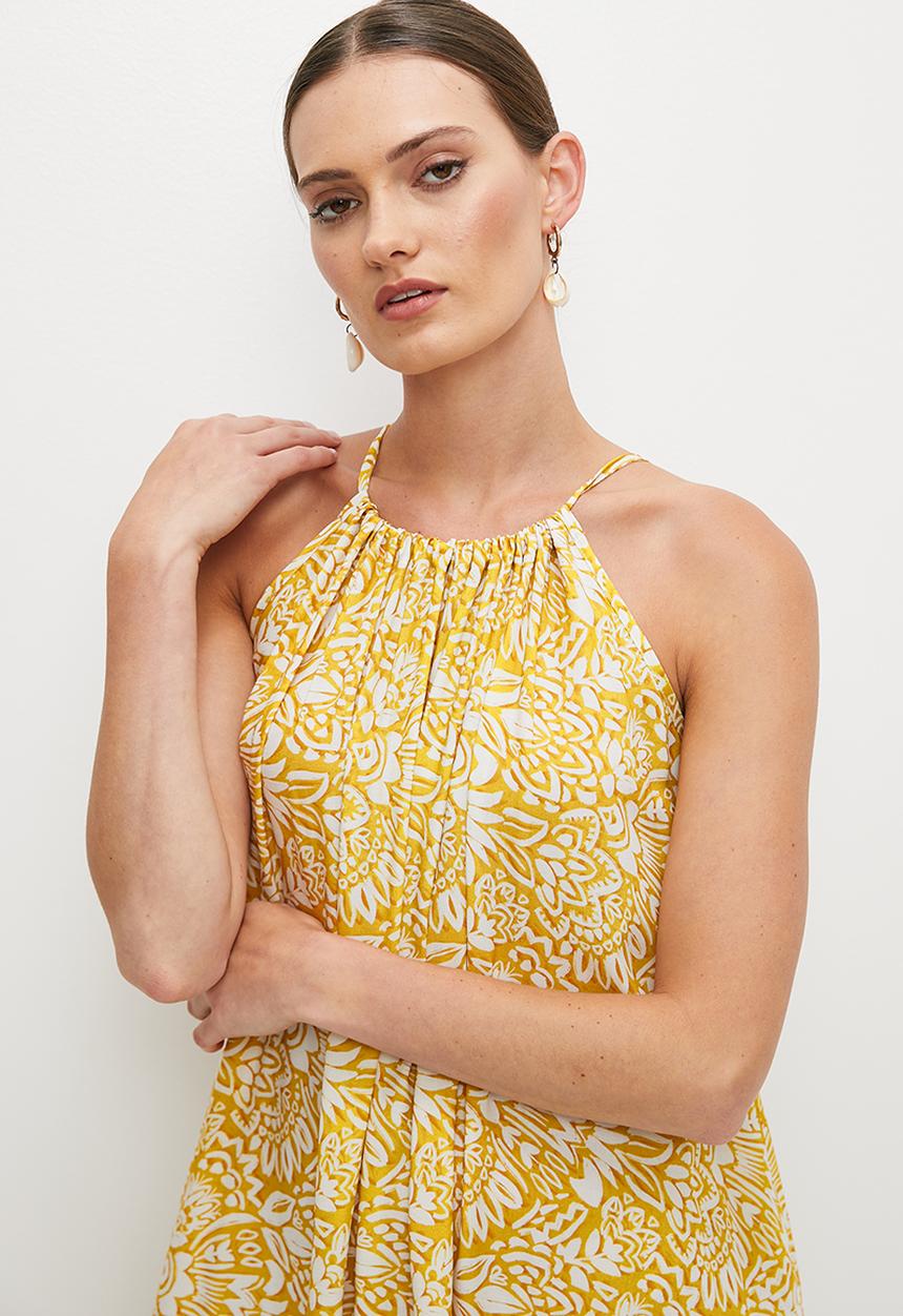 edit - Halter swing hem midi dress - yellow mono oriental