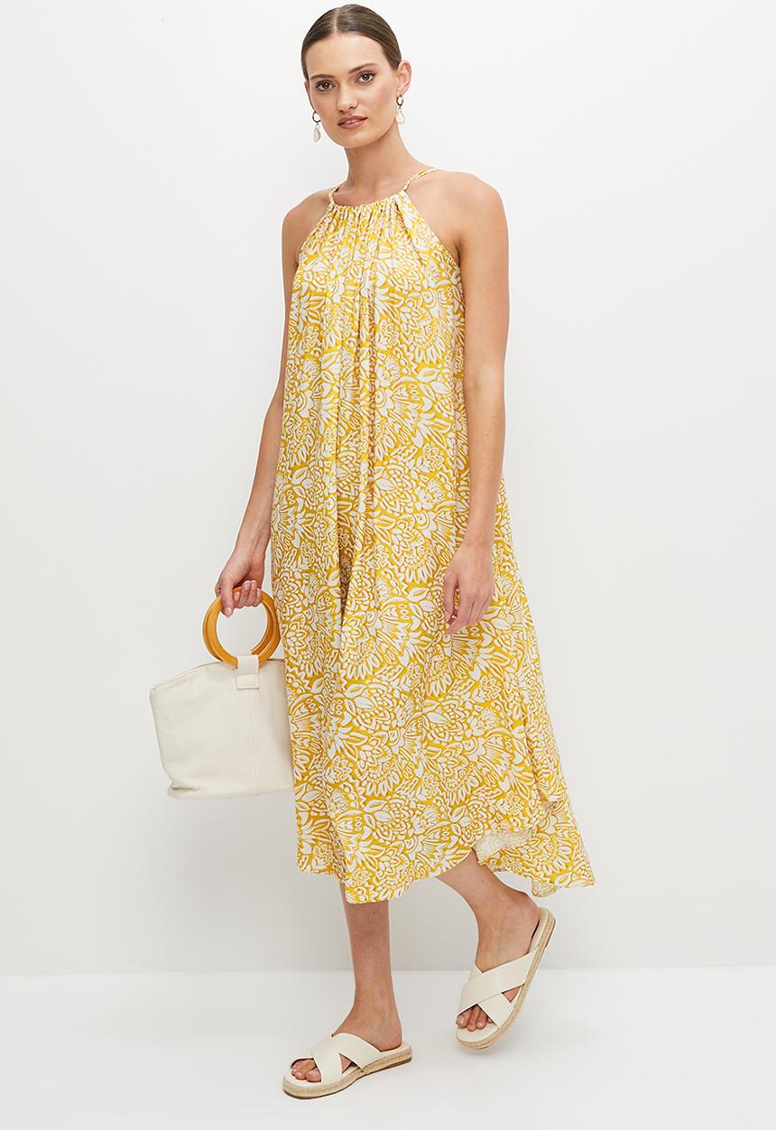 edit - Halter swing hem midi dress - yellow mono oriental