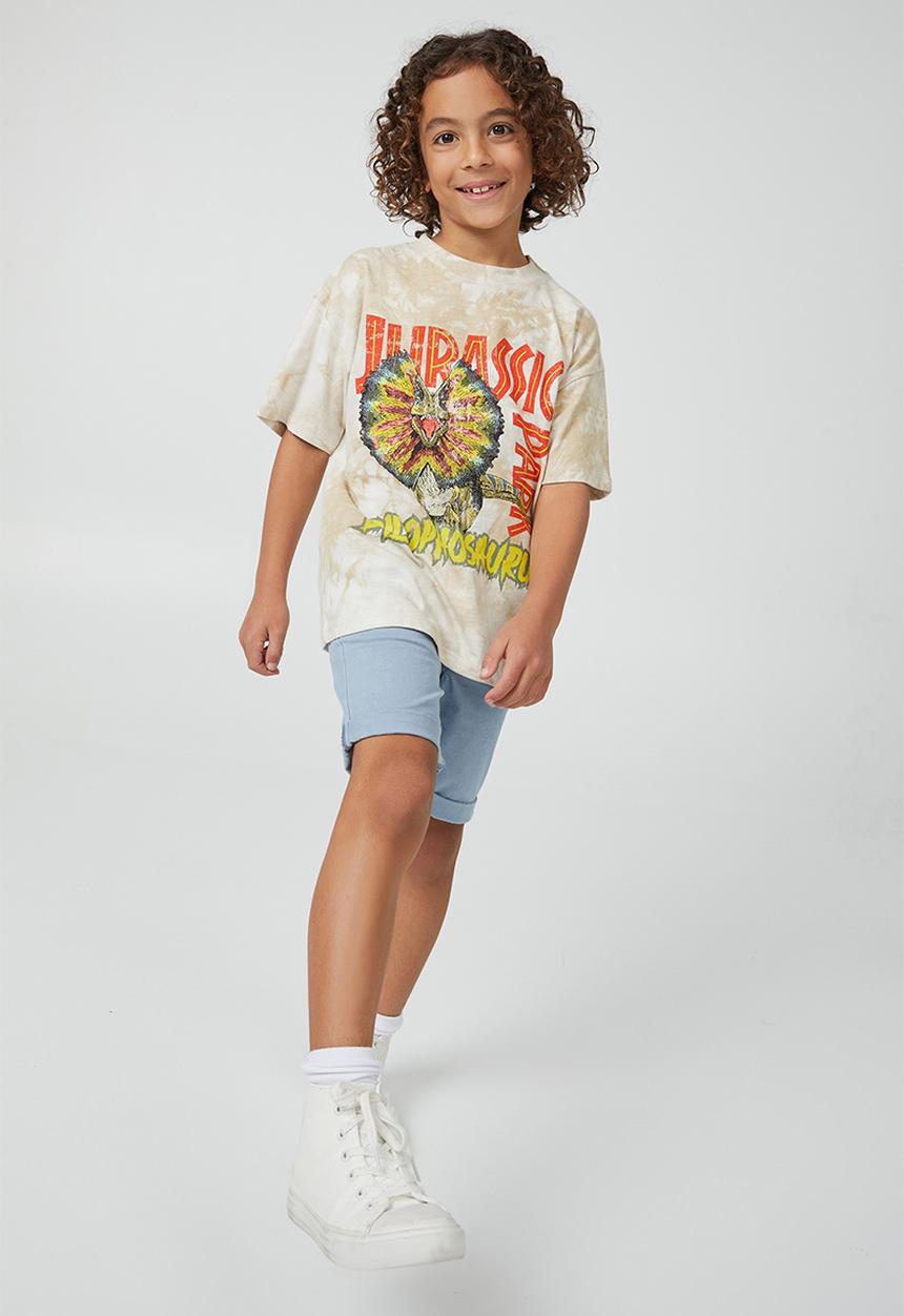 Cotton On - License drop shoulder short sleeve tee - lcn uni semolina tie dye/jurassic park