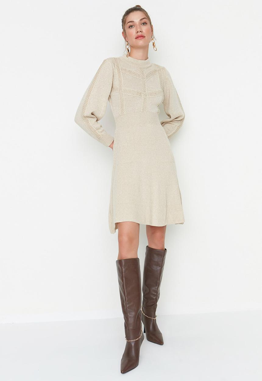 Trendyol - Balloon sleeve knit  flare dress - beige