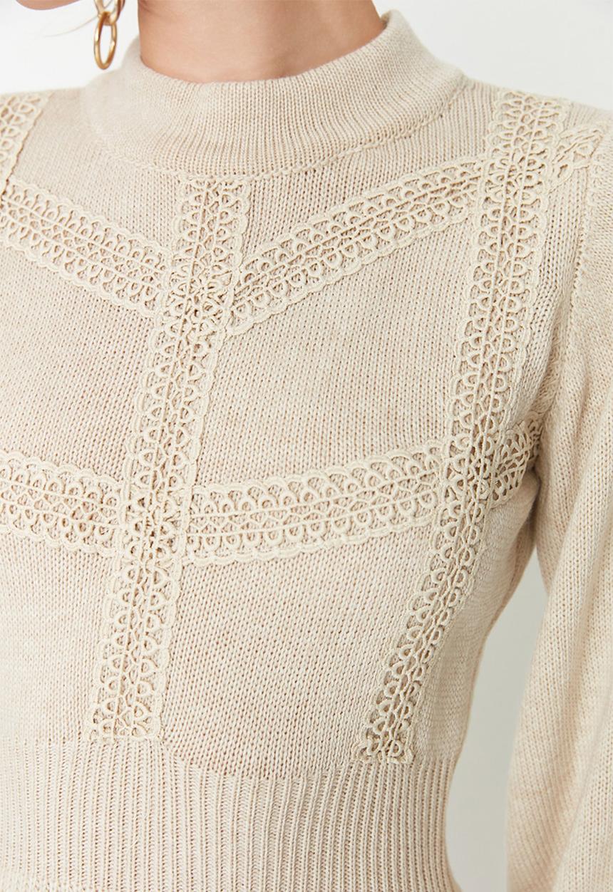 Trendyol - Balloon sleeve knit  flare dress - beige