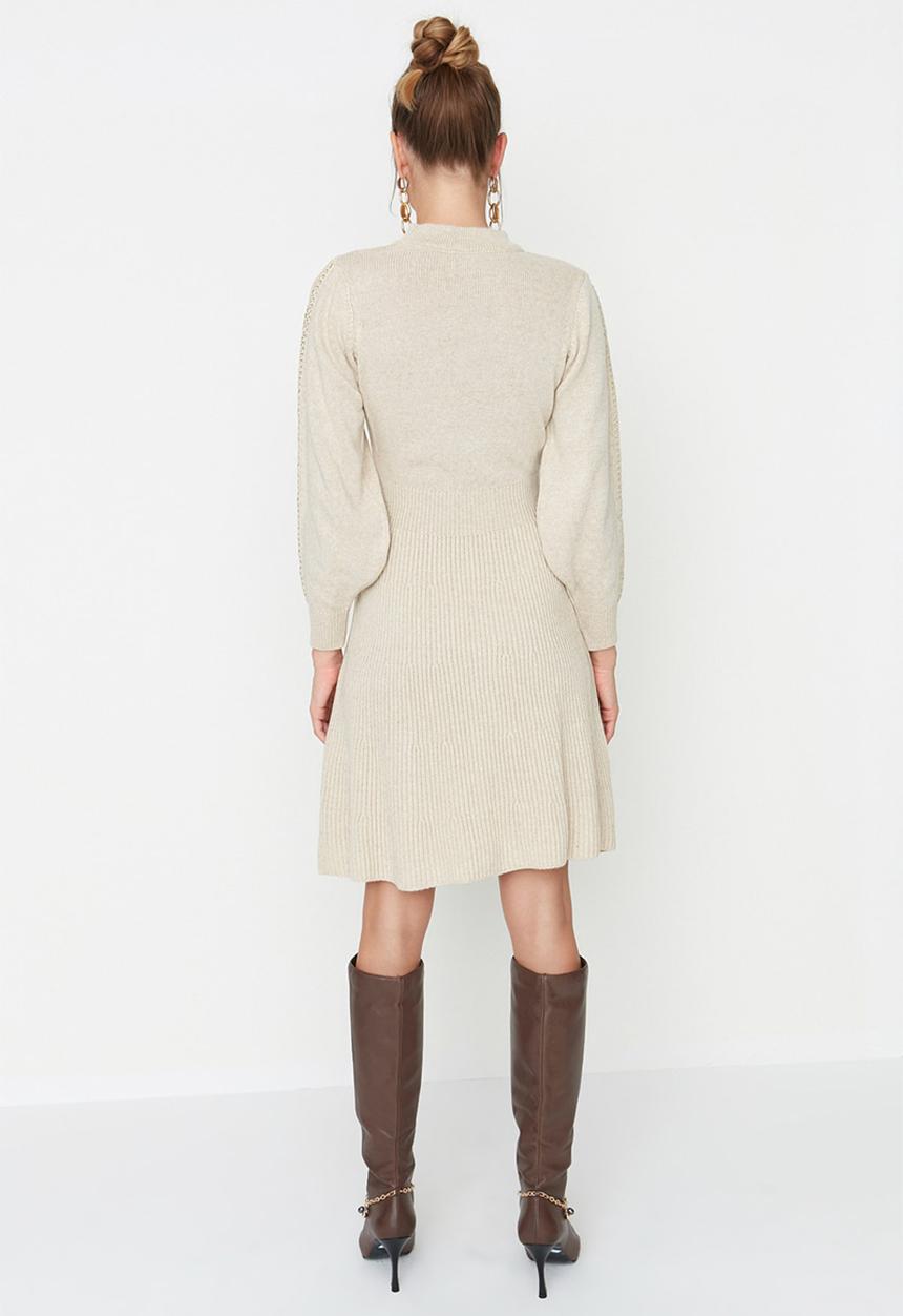 Trendyol - Balloon sleeve knit  flare dress - beige
