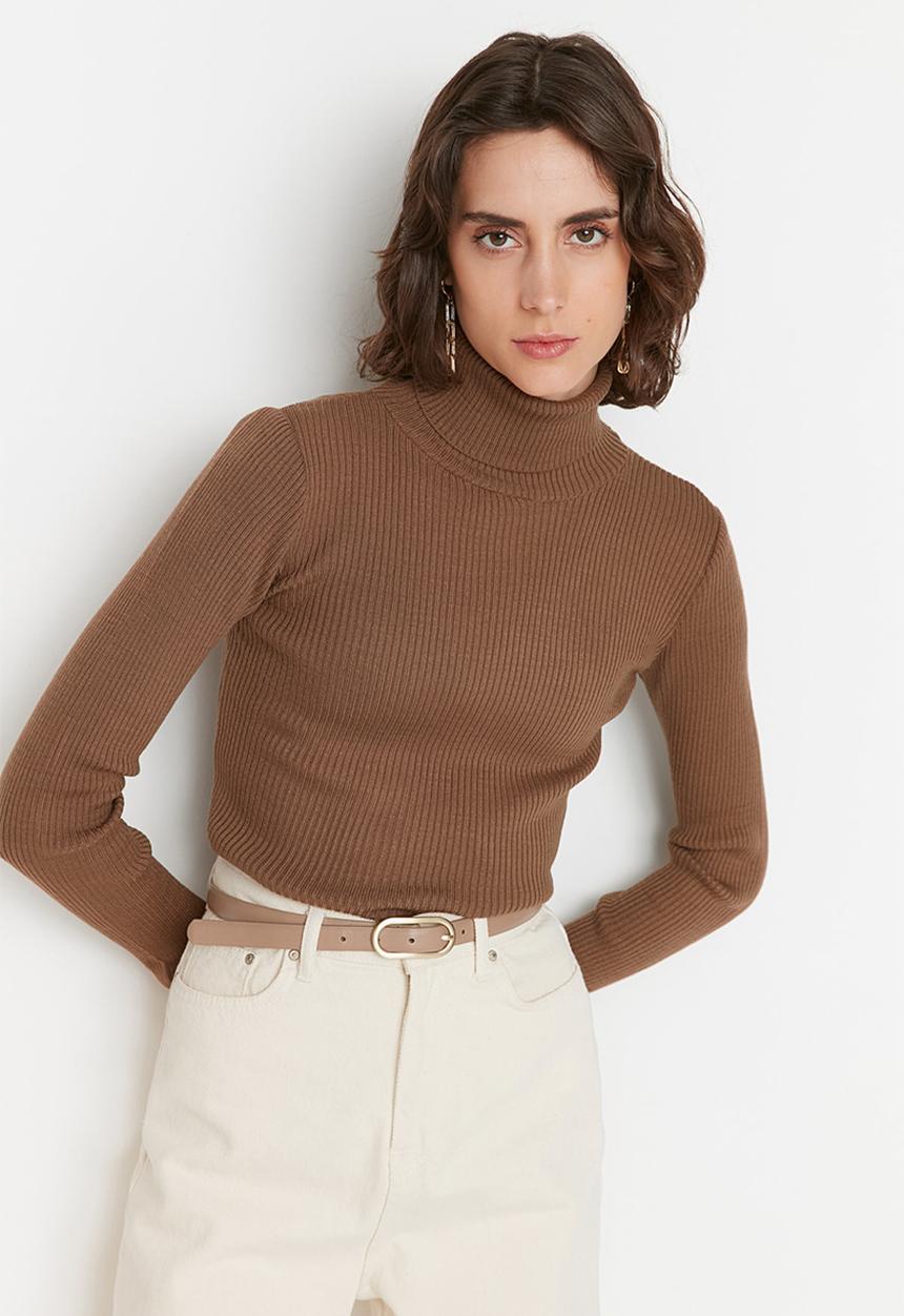 Trendyol - Turtleneck knit sweater - brown