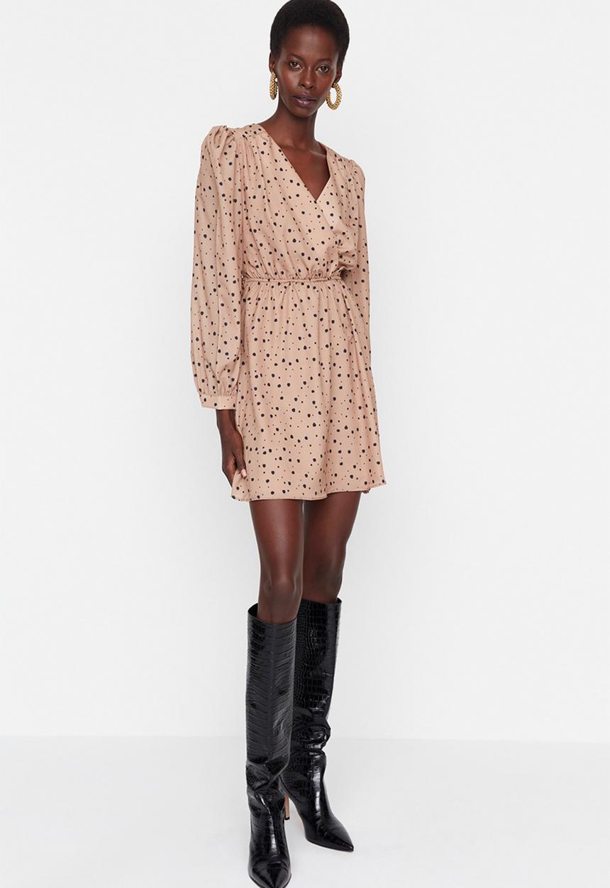 Trendyol - Belted print dress - camel