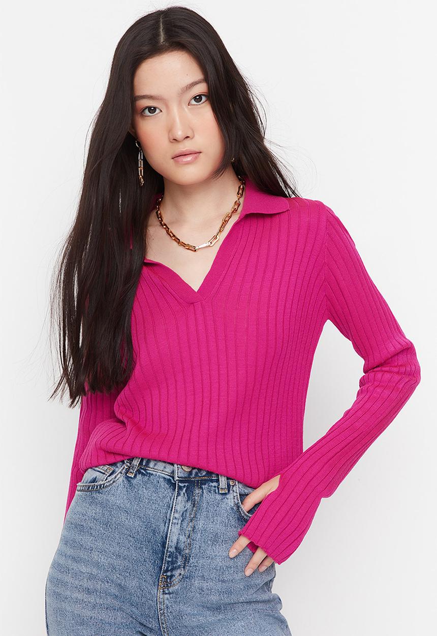 Trendyol - Finger sleeve polo knit sweater - fuschia