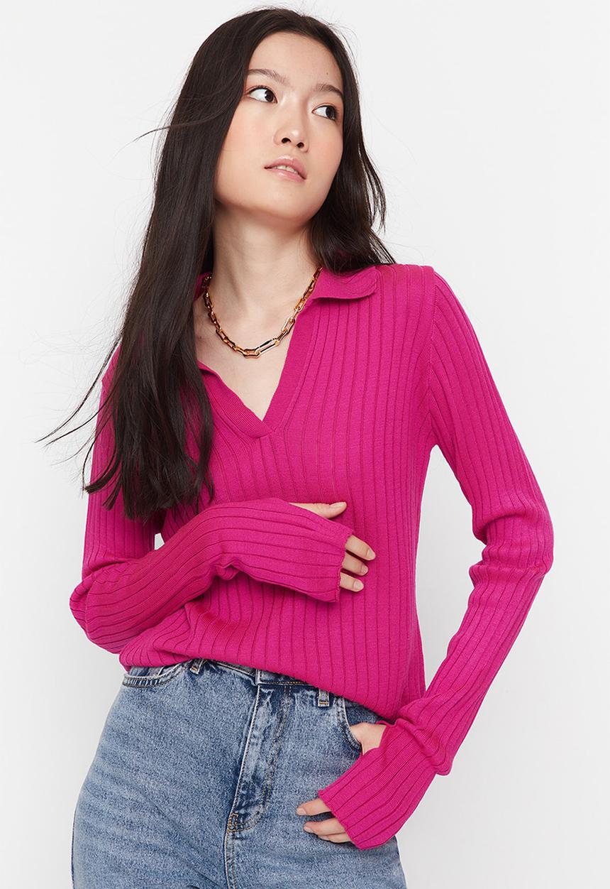 Trendyol - Finger sleeve polo knit sweater - fuschia