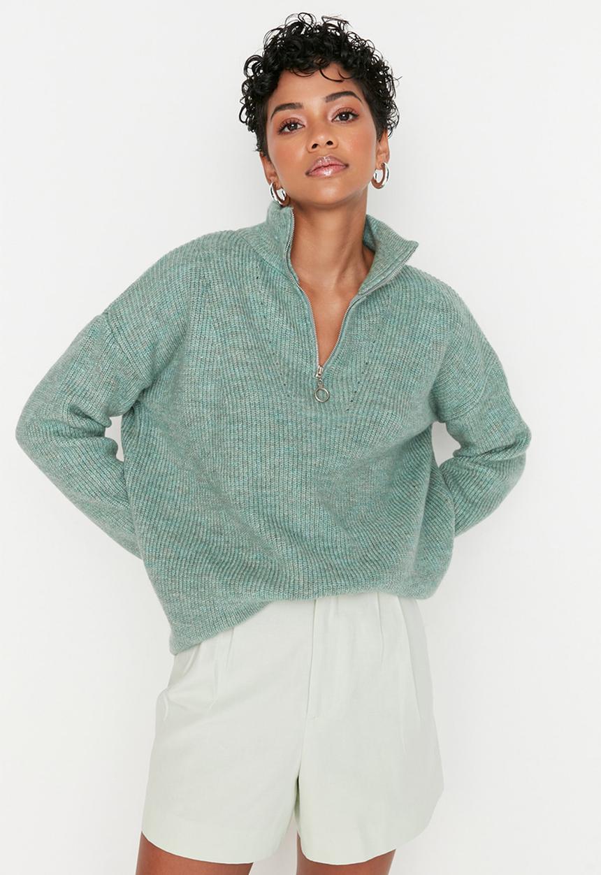 Trendyol - Oversized zippered knit sweater - mint